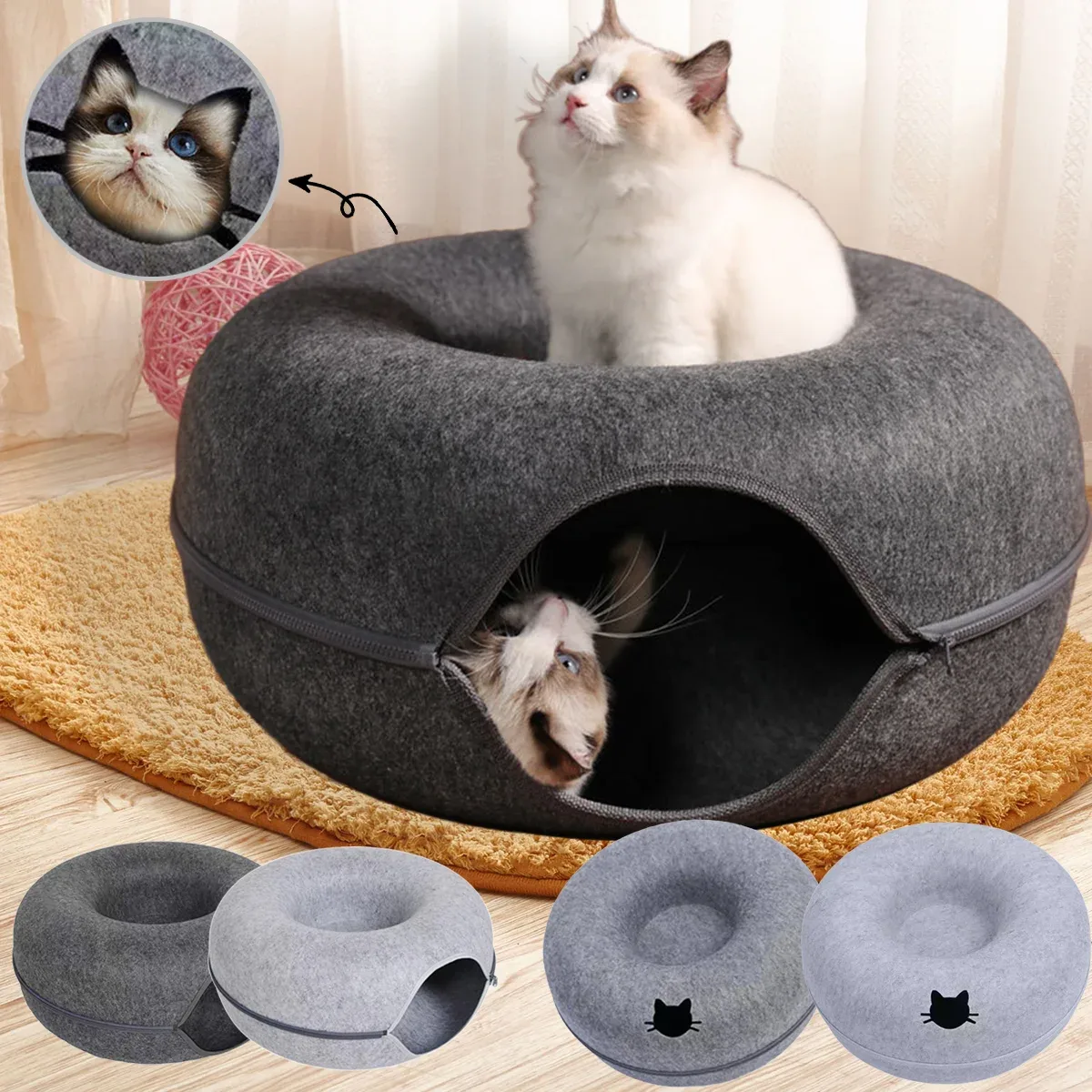 Chat qui sort de la grotte en feutre par son ouverture, avec le coloris clair et le coloris foncé