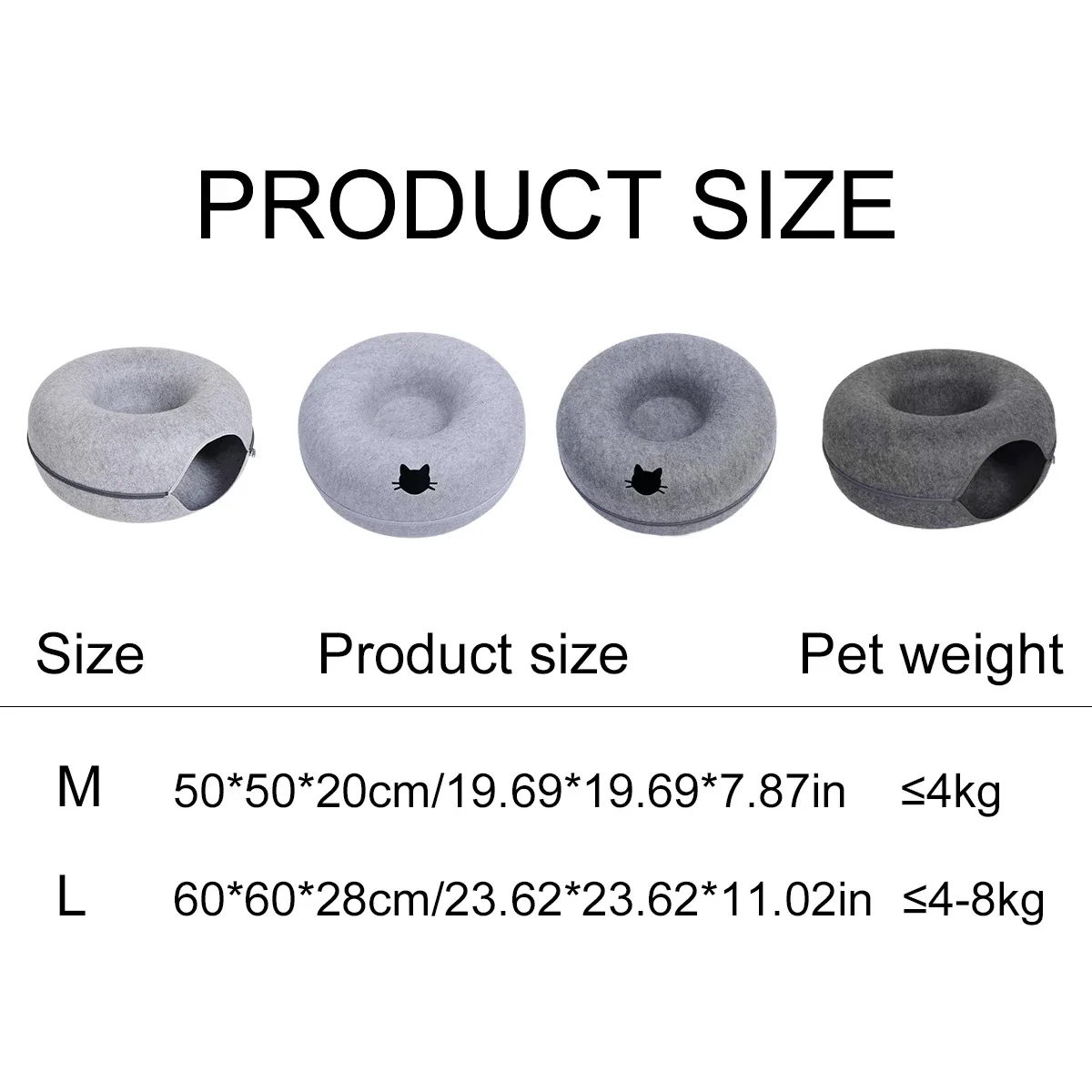 Tailles du lit : M environ 50 x 50 x 20 cm pour un animal jusqu'à 4 kg, L environ 60 x 60 x 28 cm