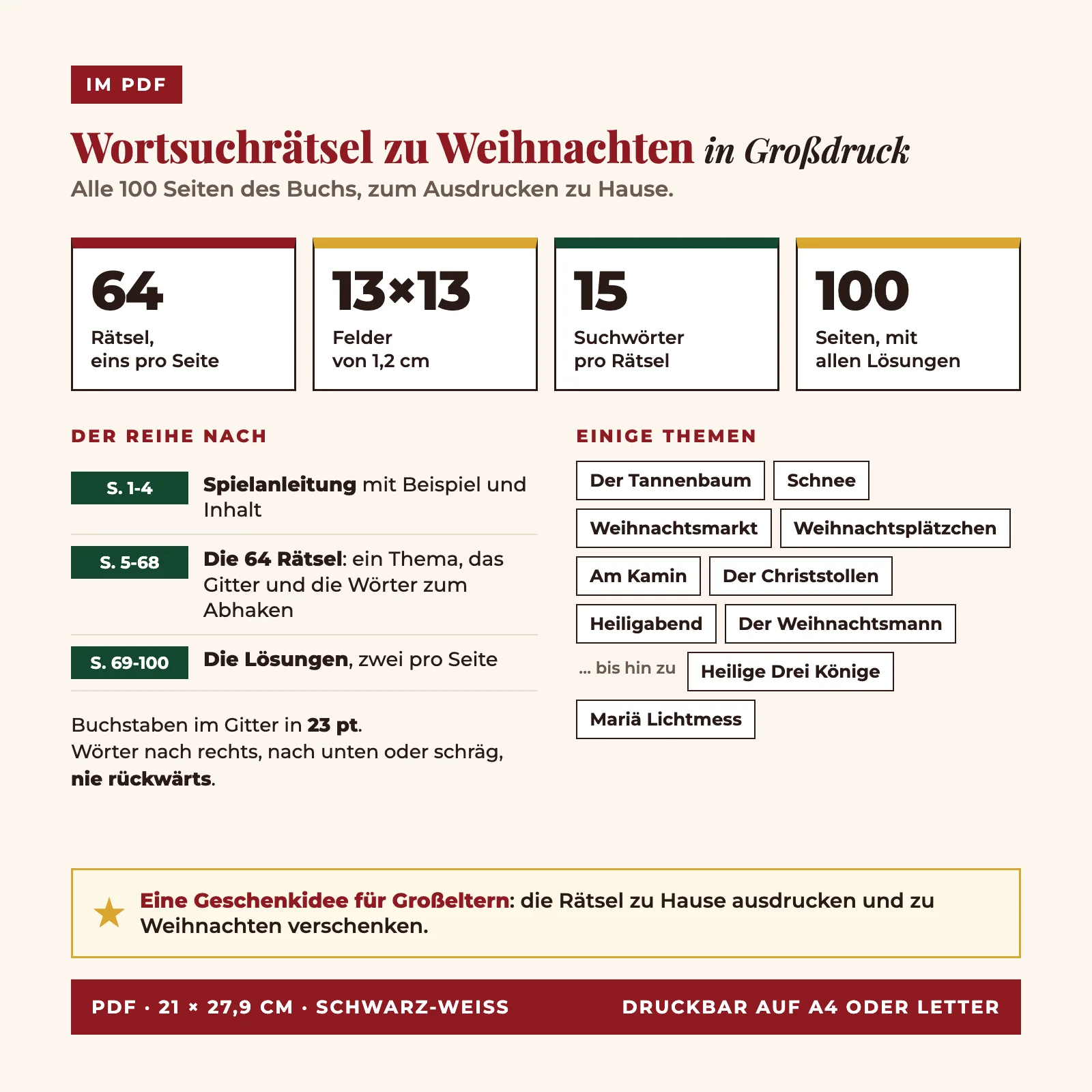 Inhalt des PDFs: die 100 Seiten des Buchs, 64 Rätsel mit 13 × 13 Feldern (eins pro Seite), 15 Wörter pro Rätsel, Spielanleitung, Inhaltsverzeichnis und Lösungen, in Schwarz-Weiß