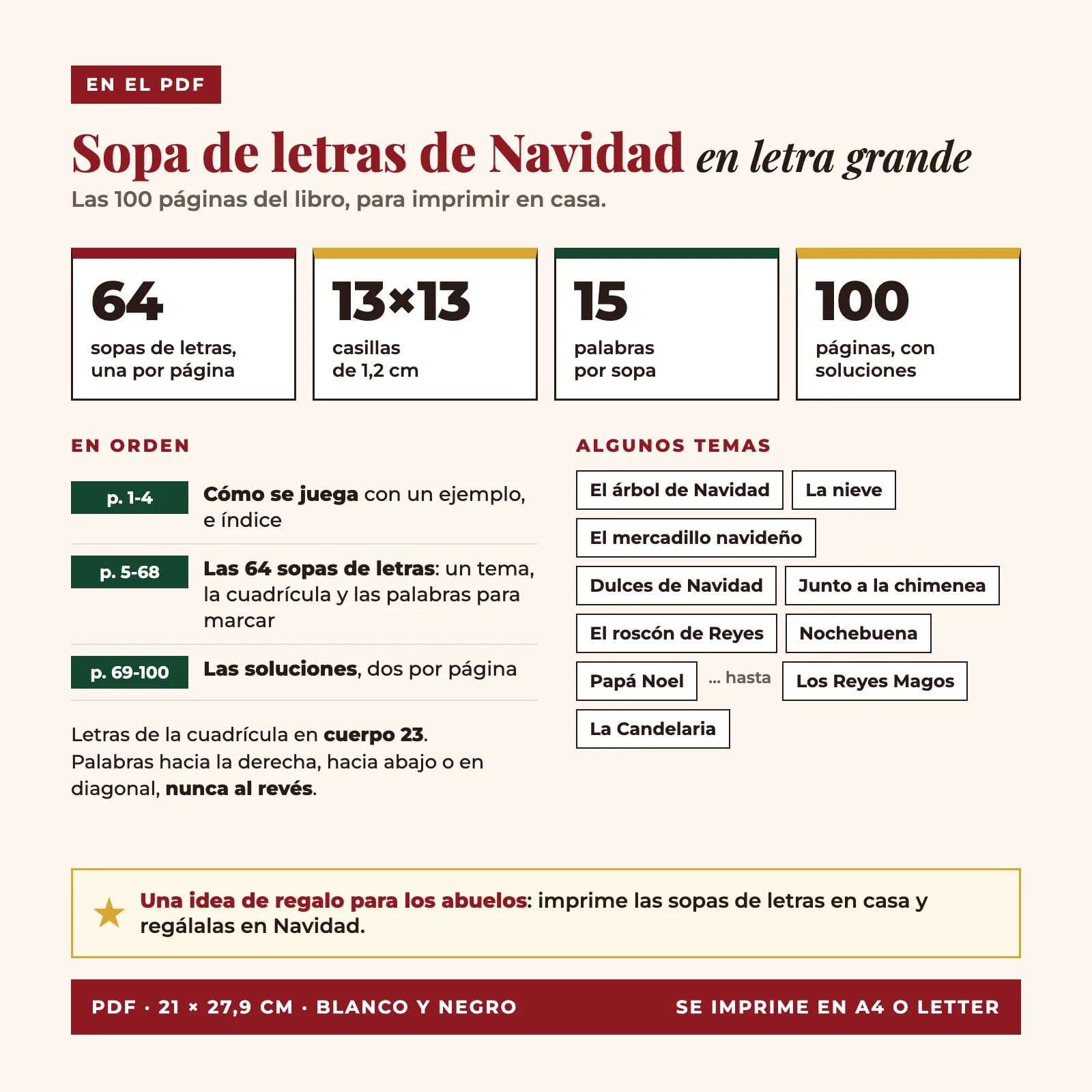 Contenido del PDF: las 100 páginas del libro, 64 sopas de letras de 13 × 13 casillas (una por página), 15 palabras por sopa, instrucciones, índice y soluciones, en blanco y negro