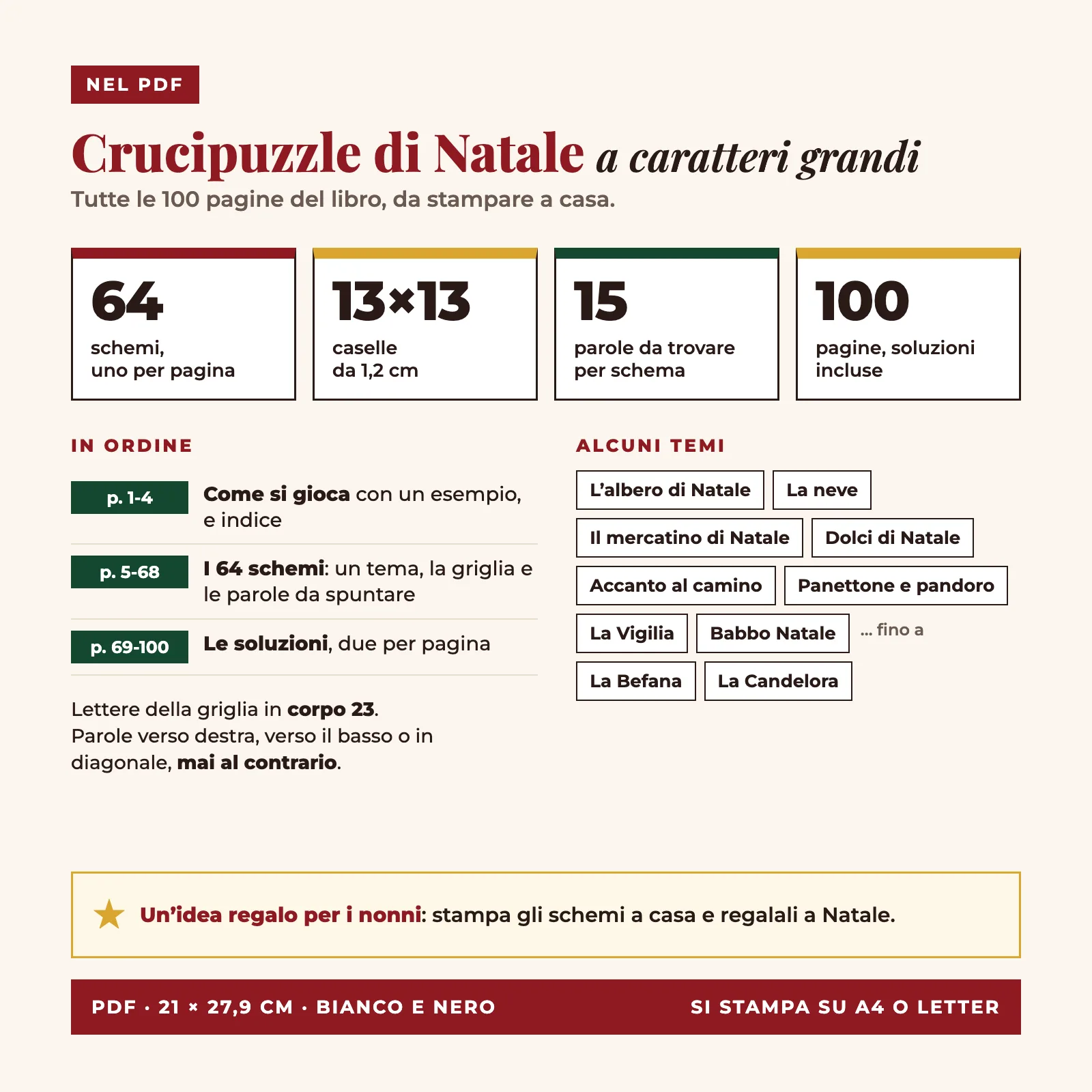 Contenuto del PDF: le 100 pagine del libro, 64 schemi da 13 × 13 caselle (uno per pagina), 15 parole per schema, istruzioni, indice e soluzioni, in bianco e nero