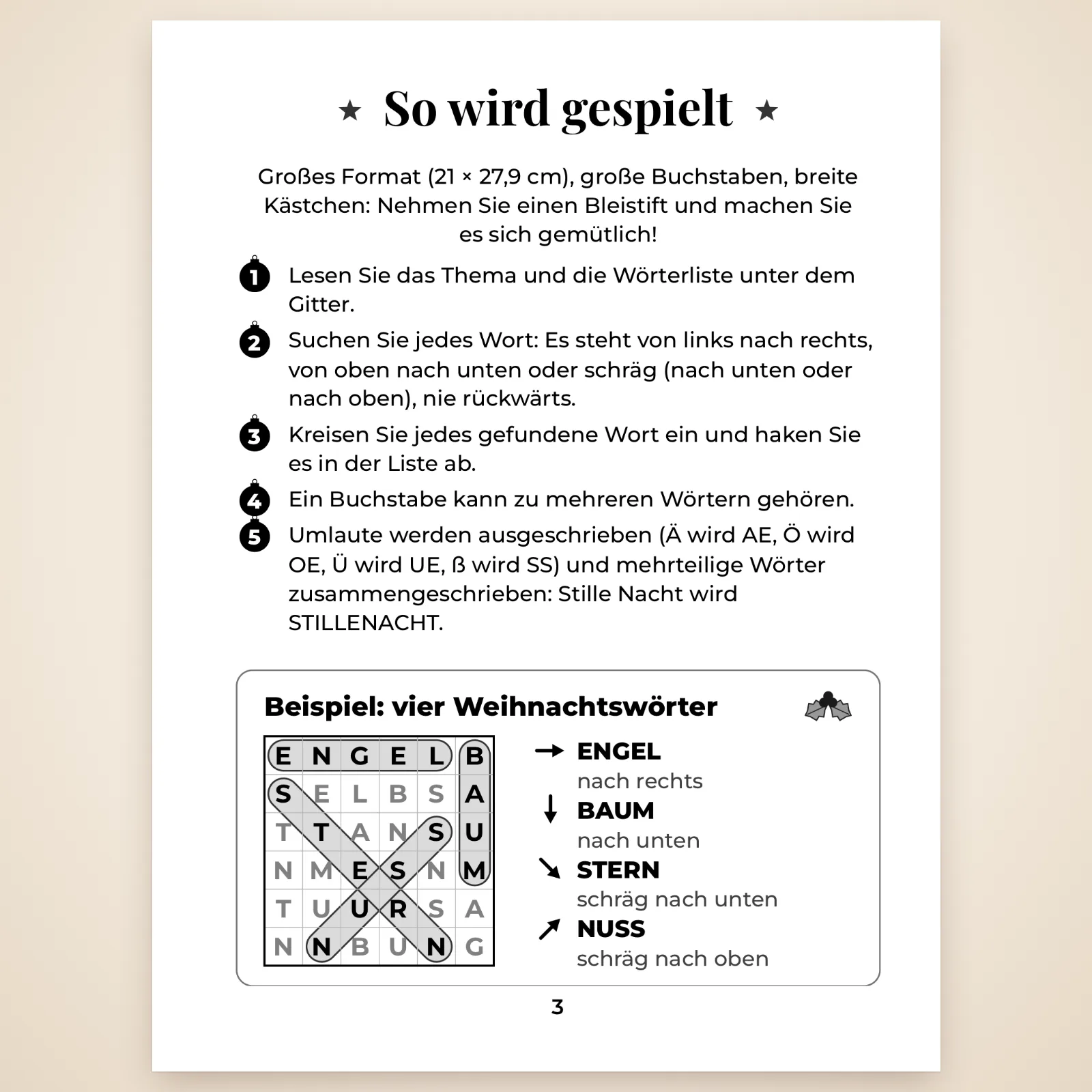 Seite „So wird gespielt“: die Regeln in 5 Punkten und ein Beispiel mit vier Weihnachtswörtern