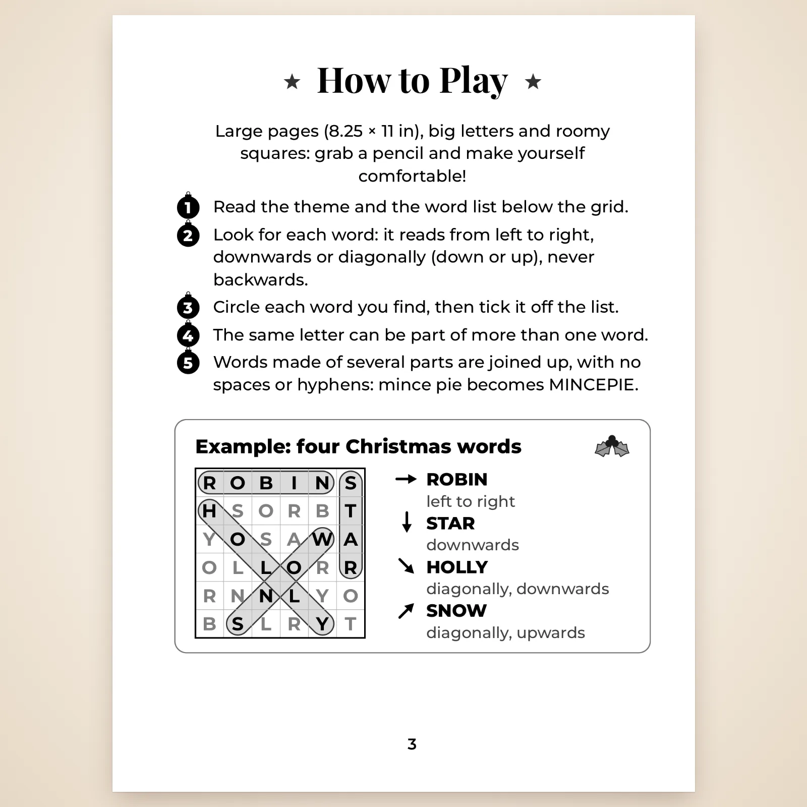 “How to Play” page: the rules in 5 points and an example with four Christmas words