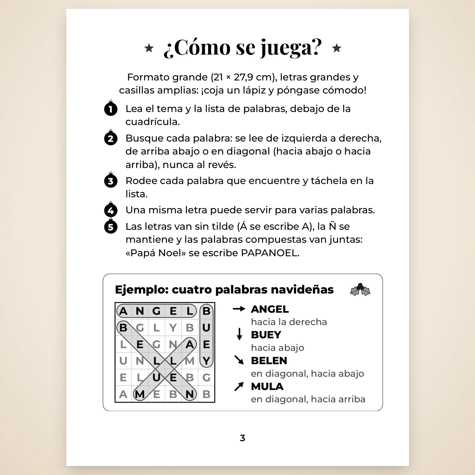 Página «¿Cómo se juega?»: las reglas en 5 puntos y un ejemplo con cuatro palabras navideñas