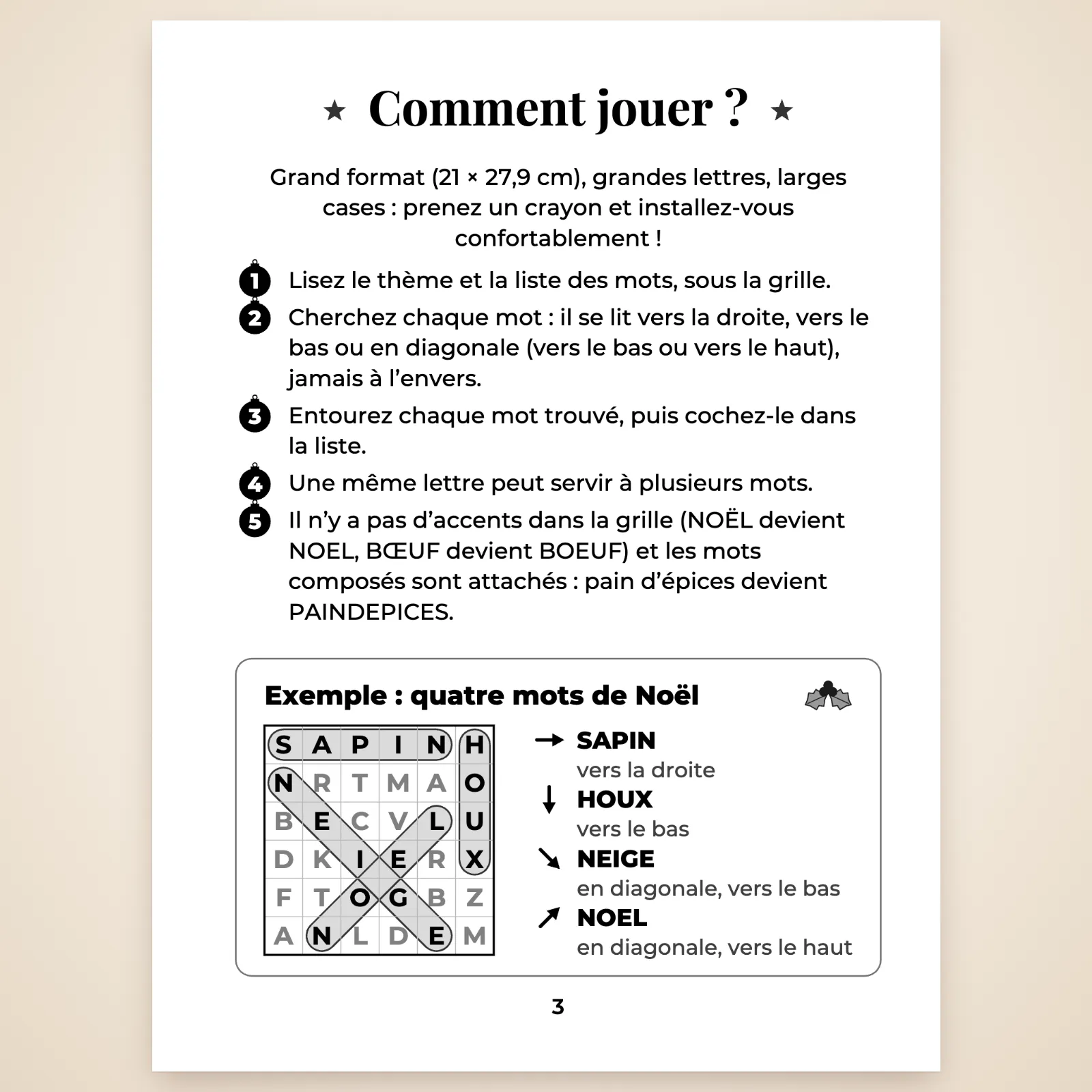 Page « Comment jouer ? » : les règles en 5 points et un exemple avec quatre mots de Noël