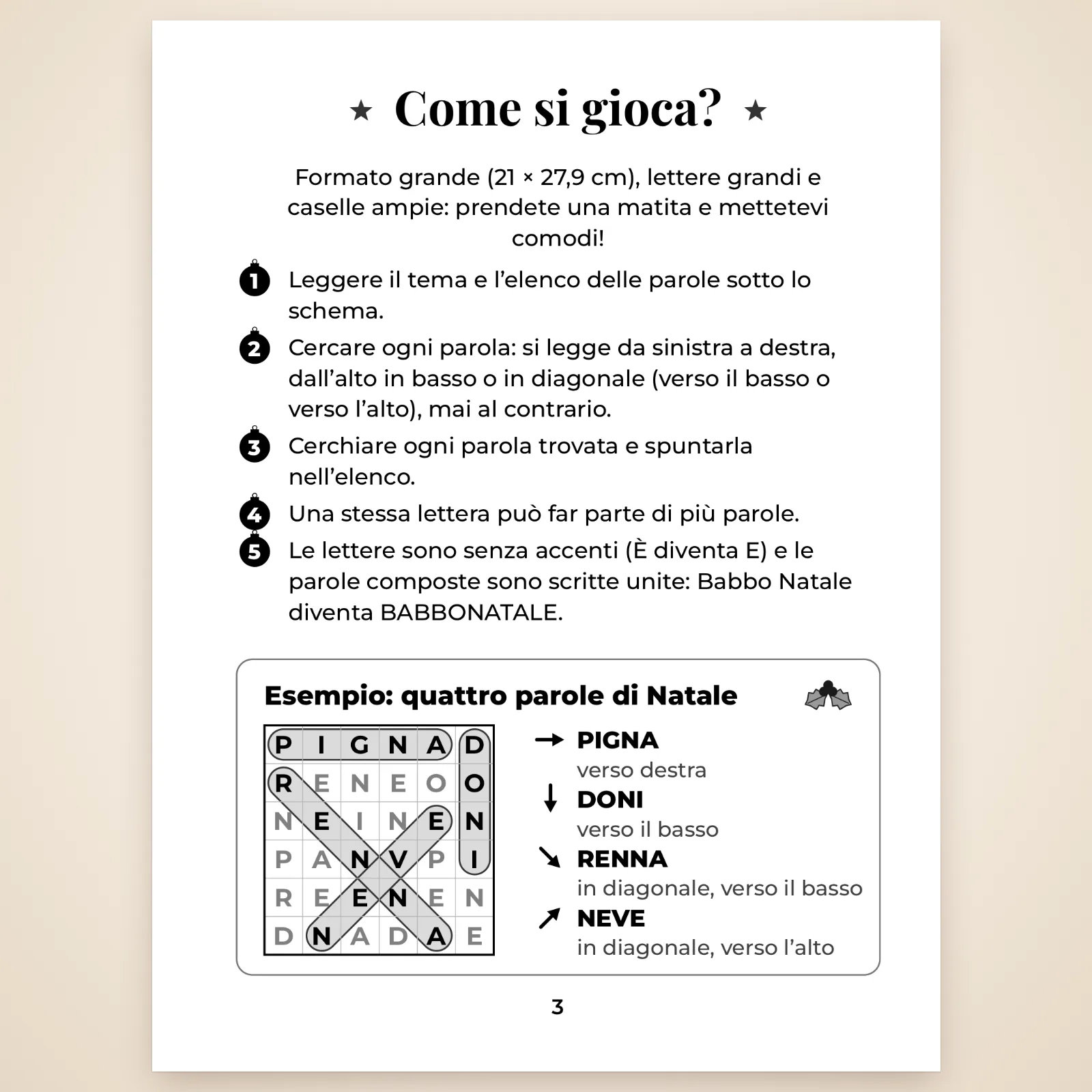 Pagina «Come si gioca?»: le regole in 5 punti e un esempio con quattro parole di Natale