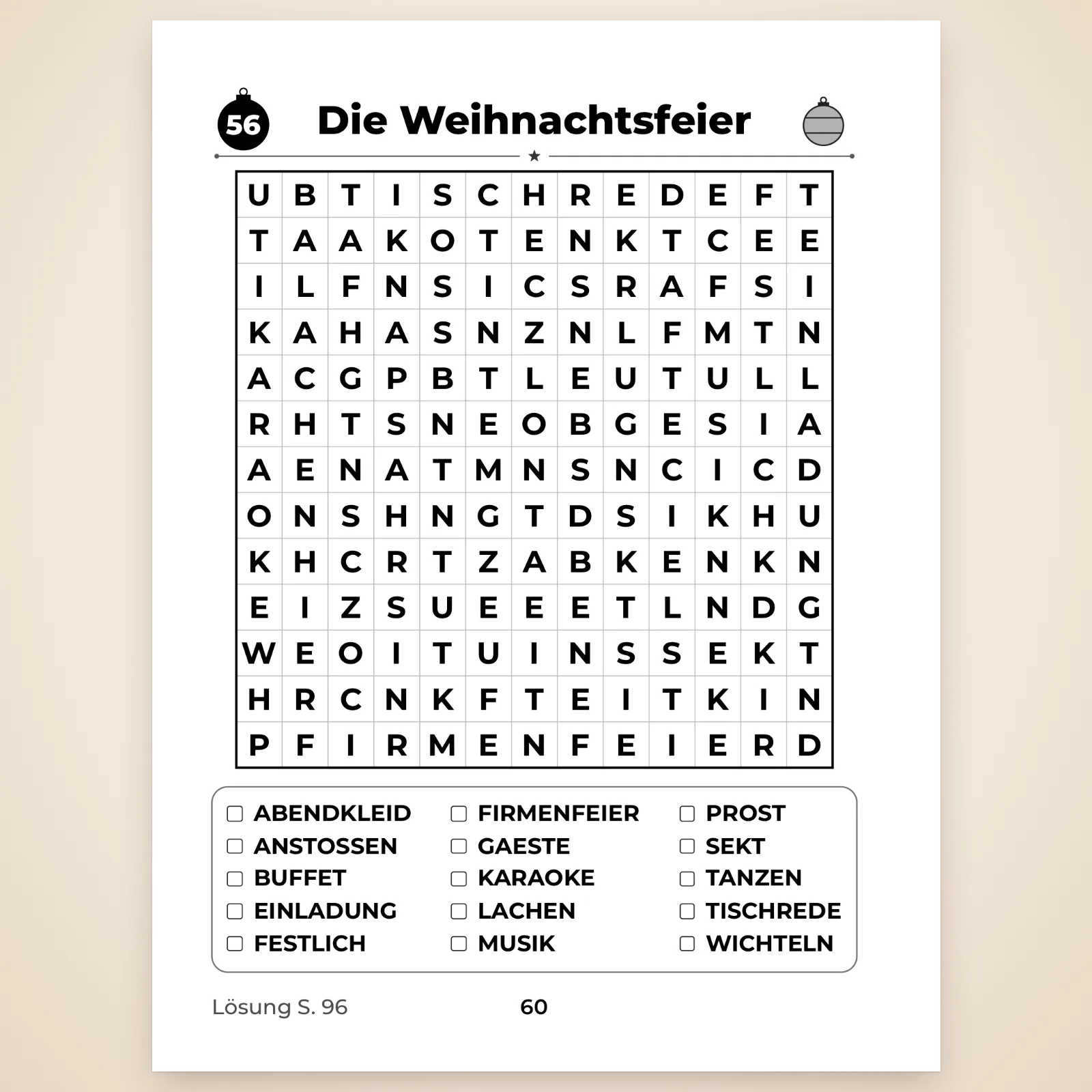 Seite des Rätsels Nr. 56 „Die Weihnachtsfeier“: 13 × 13-Gitter in großen Buchstaben und Liste mit 15 Wörtern zum Abhaken (Buffet, Karaoke, Wichteln …)