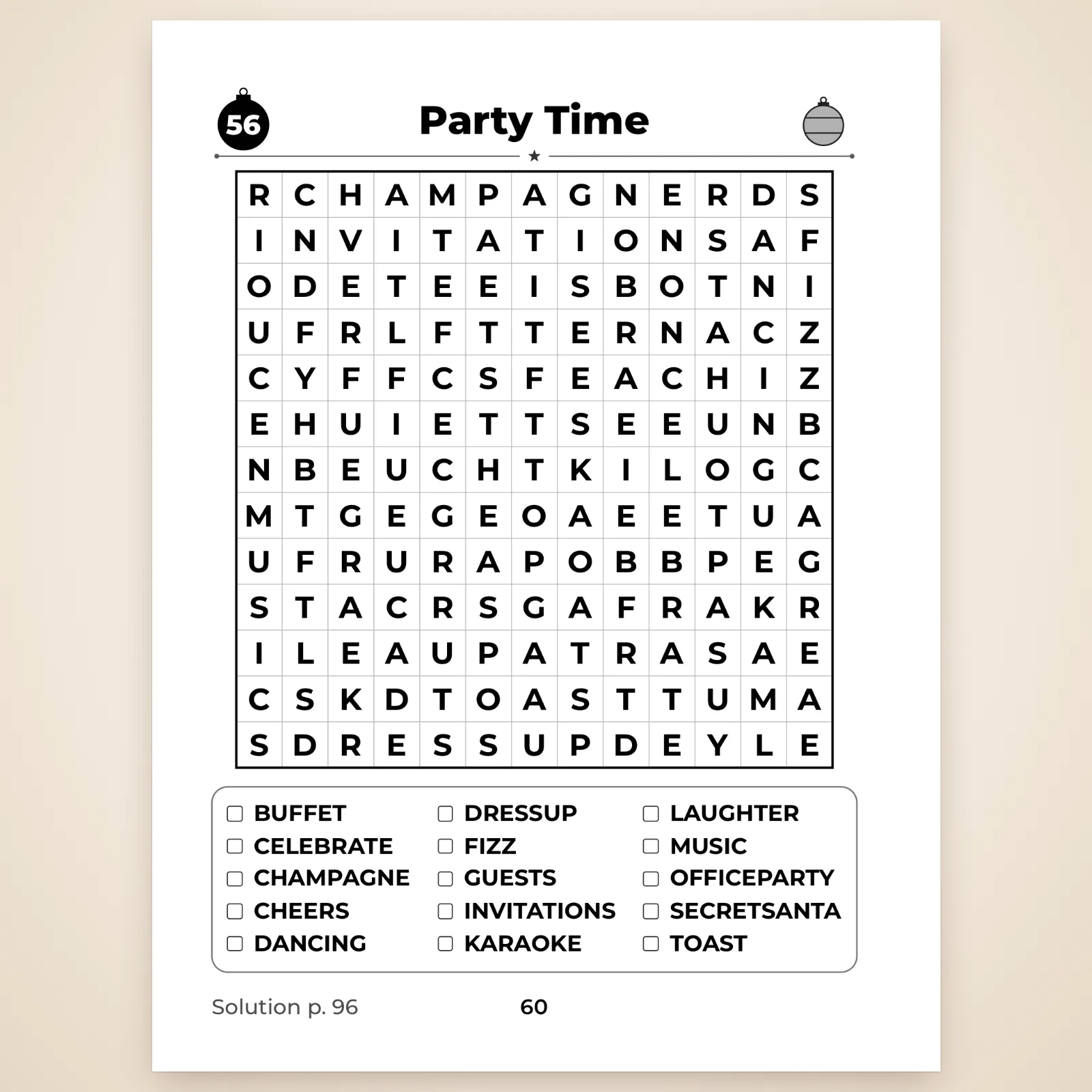 Page of puzzle no. 56 “Party Time”: a 13 × 13 grid in large letters and a list of 15 words to tick off (buffet, champagne, karaoke…)