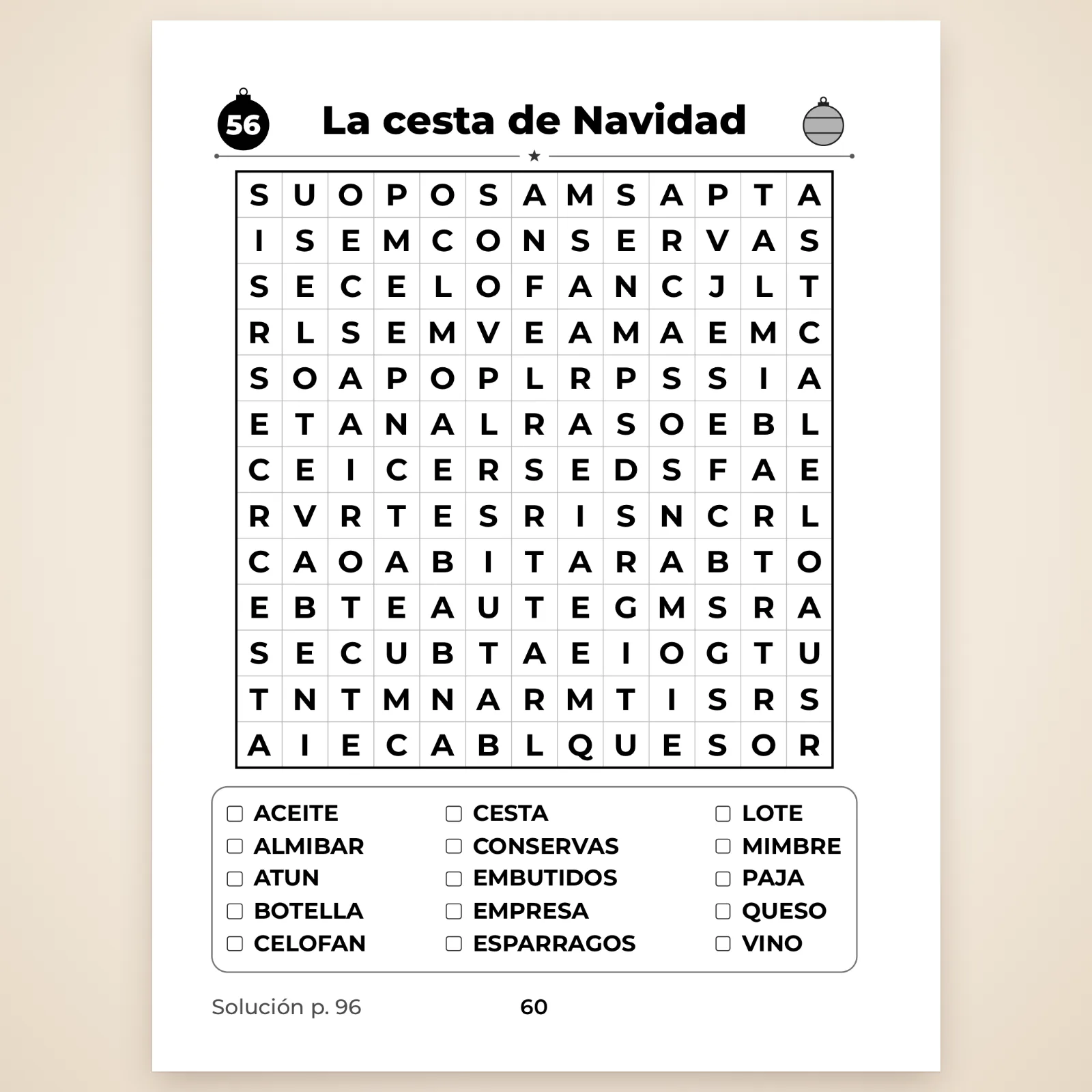 Página de la sopa n.º 56 «La cesta de Navidad»: cuadrícula de 13 × 13 en letra grande y lista de 15 palabras para marcar (conservas, embutidos, queso…)