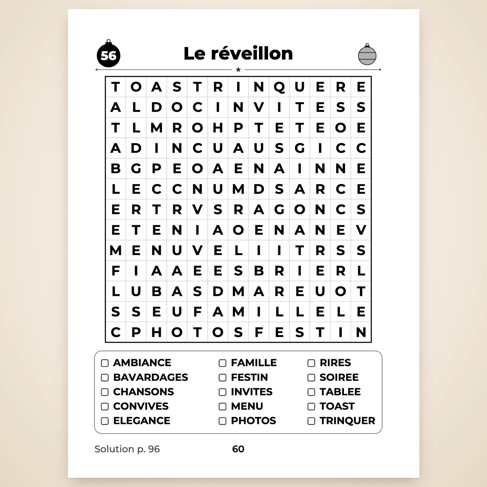 Page de la grille n° 56 « Le réveillon » : grille de 13 × 13 en grosses lettres et liste des 15 mots à cocher