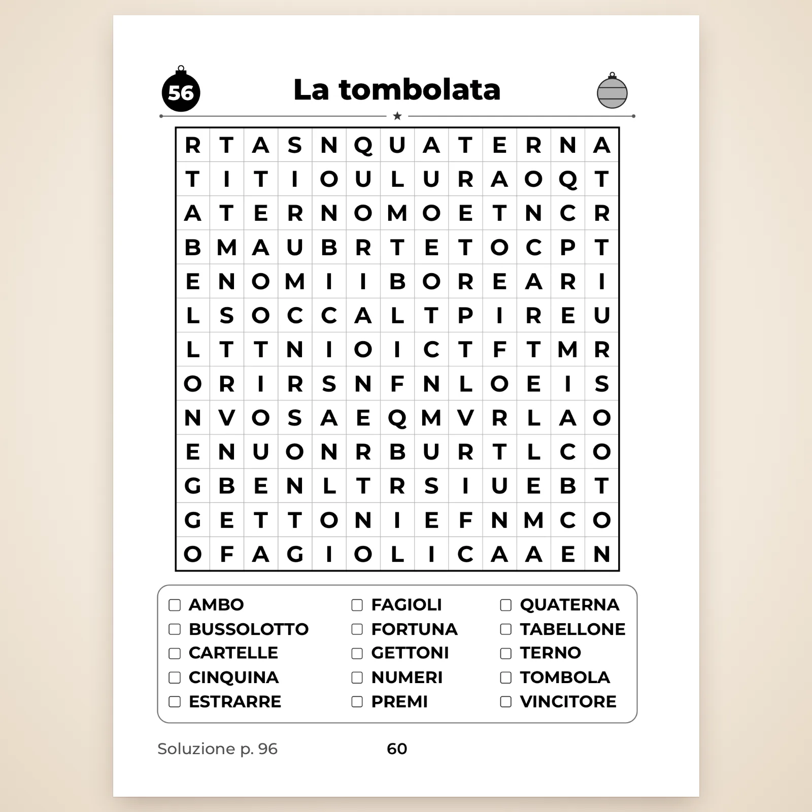 Pagina dello schema n. 56 «La tombolata»: griglia 13 × 13 a lettere grandi e lista di 15 parole da spuntare (cartelle, quaterna, tombola…)