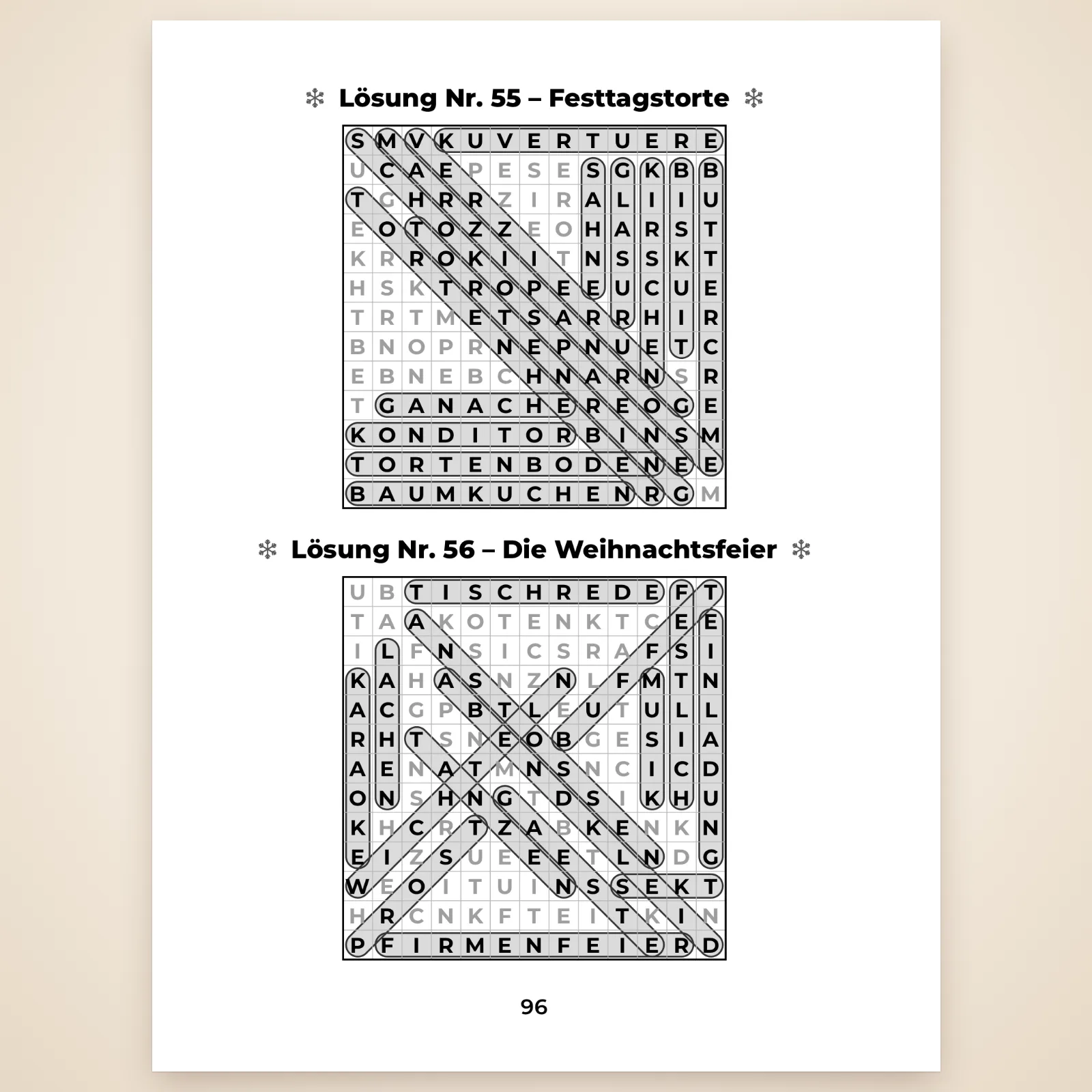 Lösungsseite mit den Rätseln Nr. 55 „Festtagstorte“ und Nr. 56 „Die Weihnachtsfeier“, Wörter eingekreist