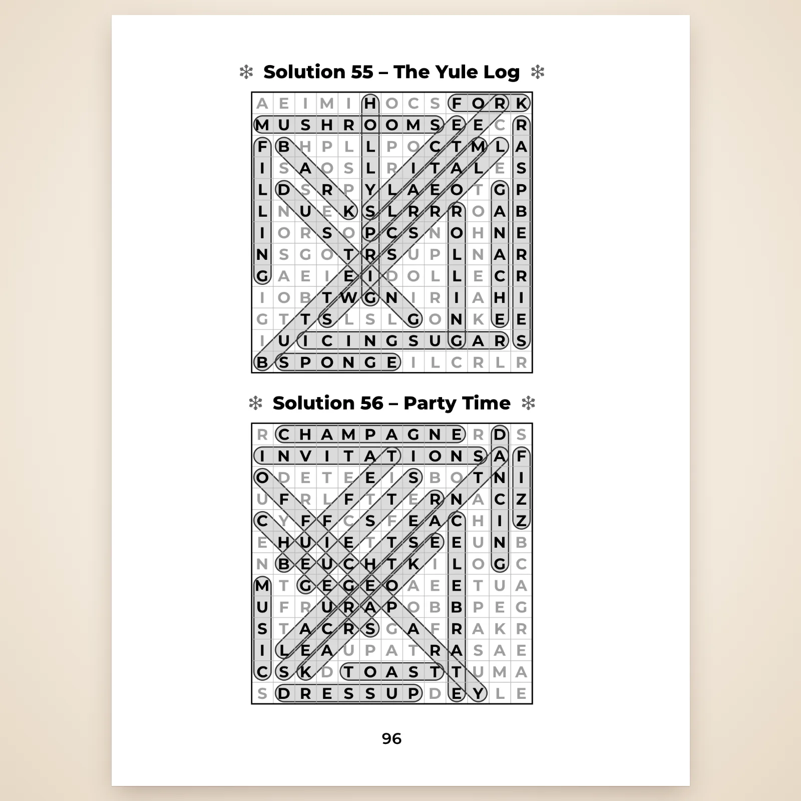 Solutions page with puzzles no. 55 “The Yule Log” and no. 56 “Party Time”, words circled