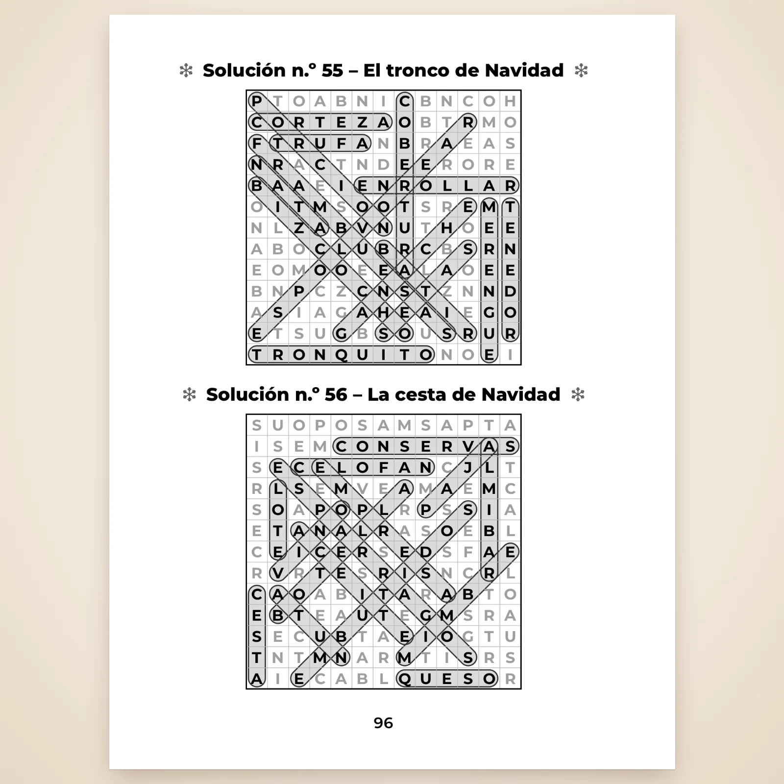 Página de soluciones con las sopas n.º 55 «El tronco de Navidad» y n.º 56 «La cesta de Navidad», con las palabras rodeadas