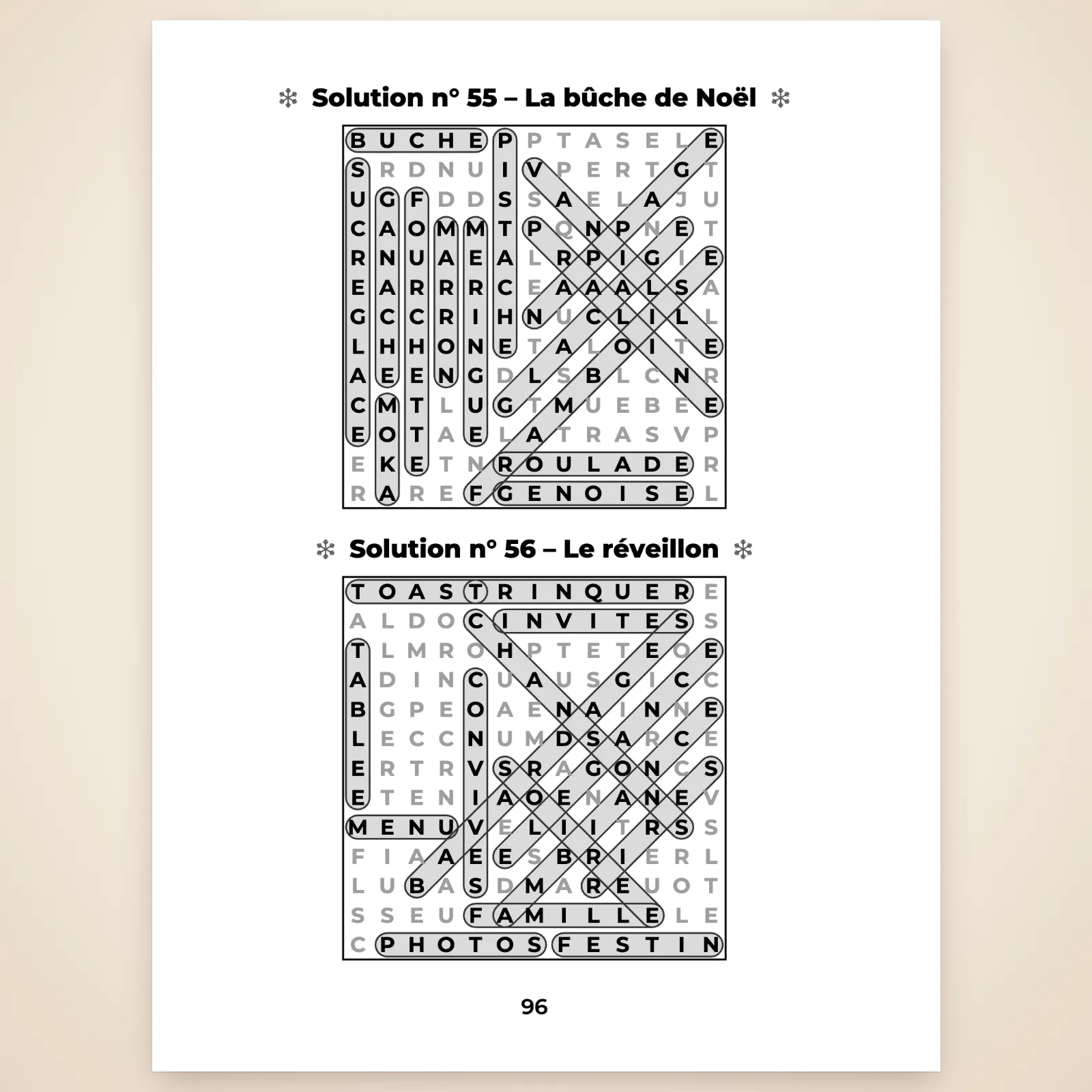 Page de solutions avec les grilles n° 55 « La bûche de Noël » et n° 56 « Le réveillon », mots entourés