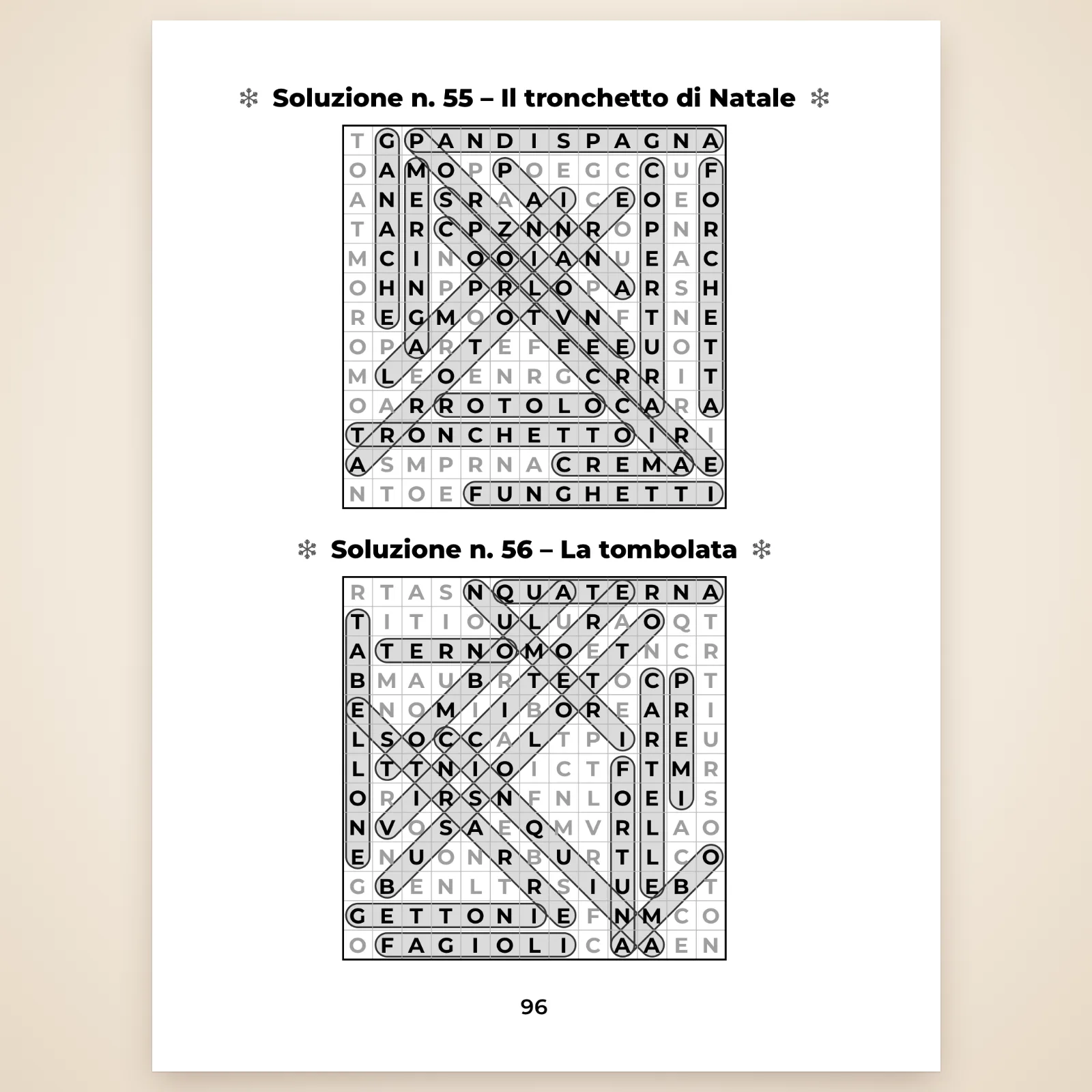 Pagina delle soluzioni con gli schemi n. 55 «Il tronchetto di Natale» e n. 56 «La tombolata», parole cerchiate