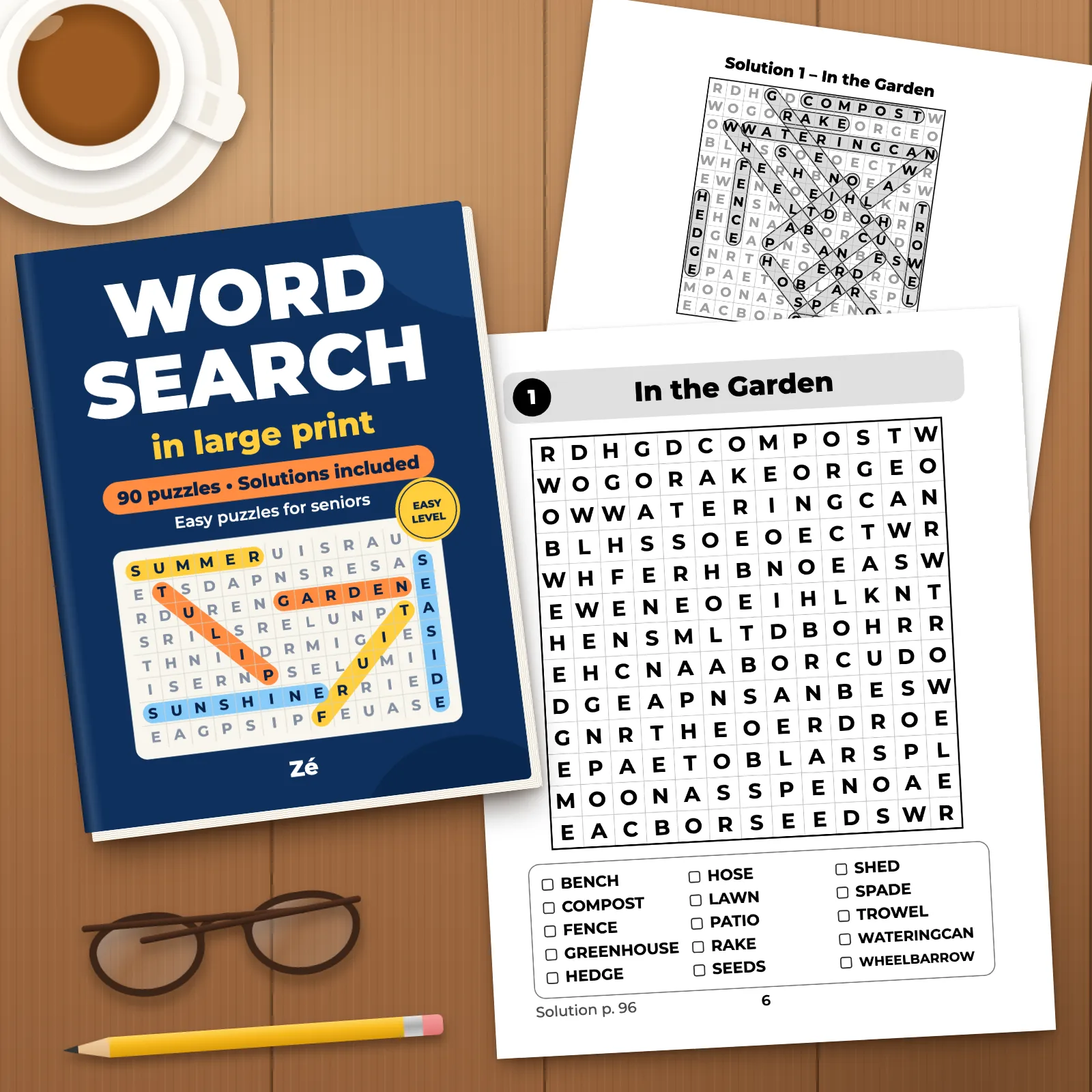 The book on a wooden table with two printed pages (puzzle 1 “In the Garden” and its solution), a cup, reading glasses and a pencil