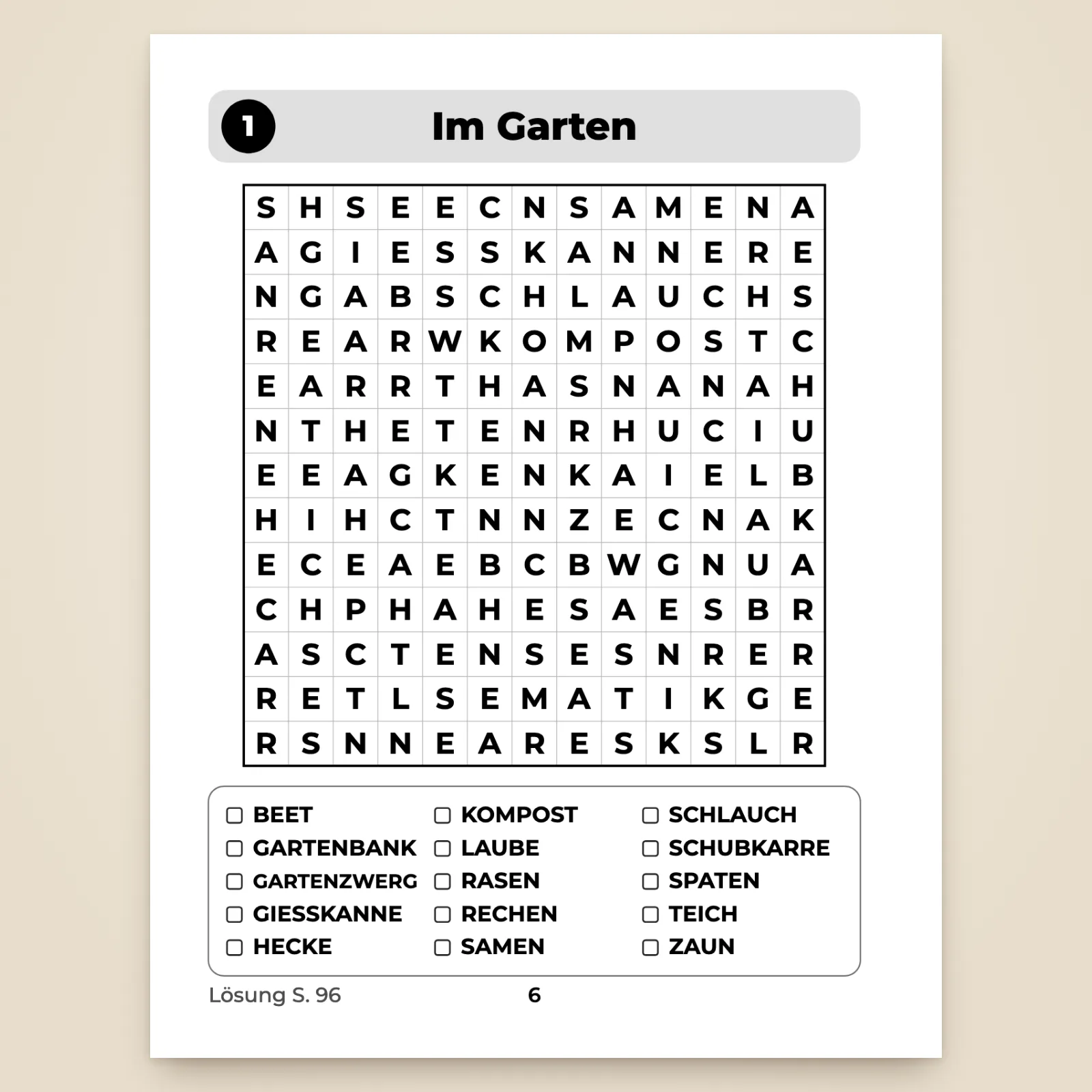 Seite von Rätsel 1 „Im Garten“: Gitter mit 13 × 13 großen, fetten Buchstaben und Liste mit 15 Wörtern zum Abhaken (Beet, Gartenbank, Gartenzwerg, Gießkanne …)