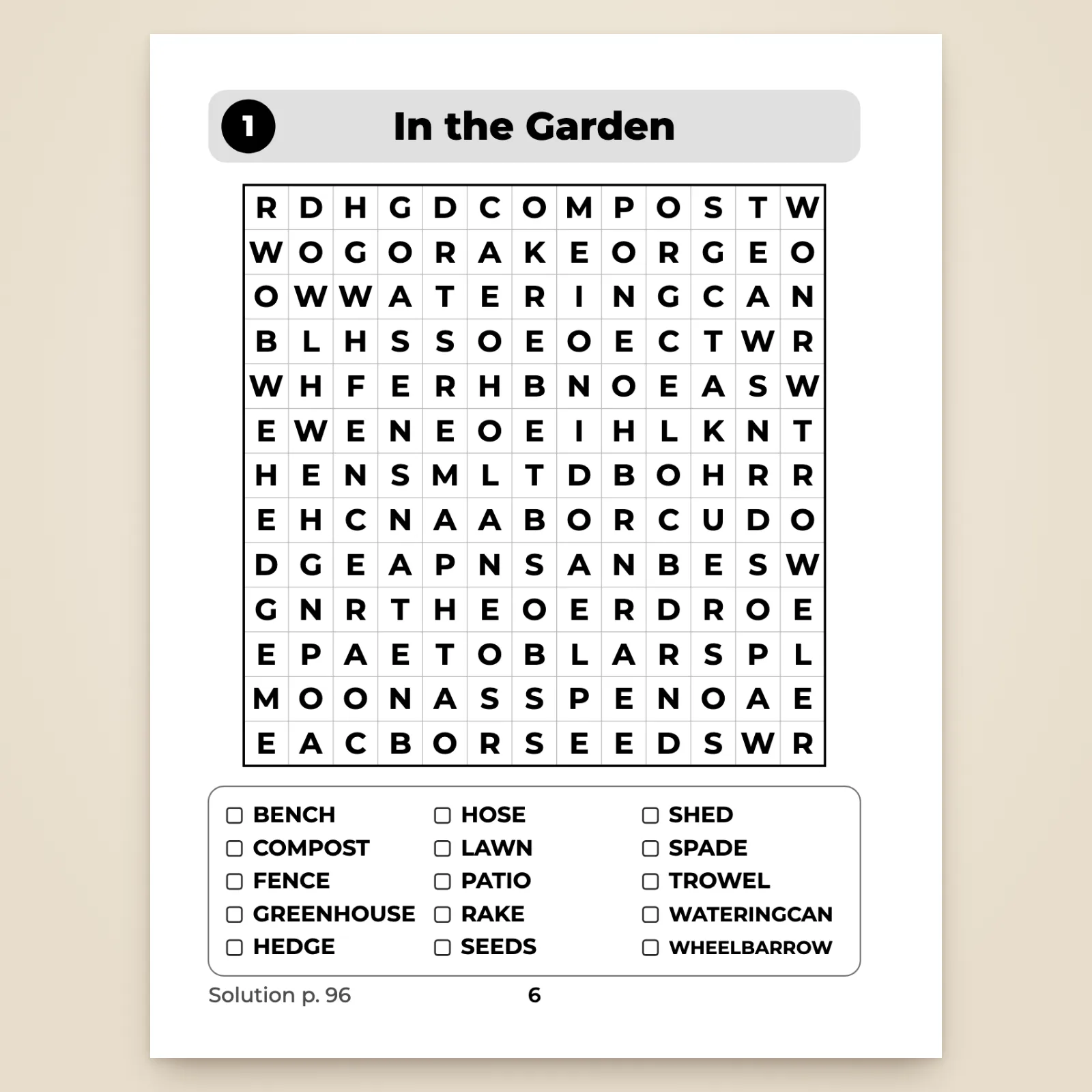 Page of puzzle 1 “In the Garden”: a 13 × 13 grid of large bold letters and a list of 15 words to tick off (bench, compost, fence, greenhouse…)