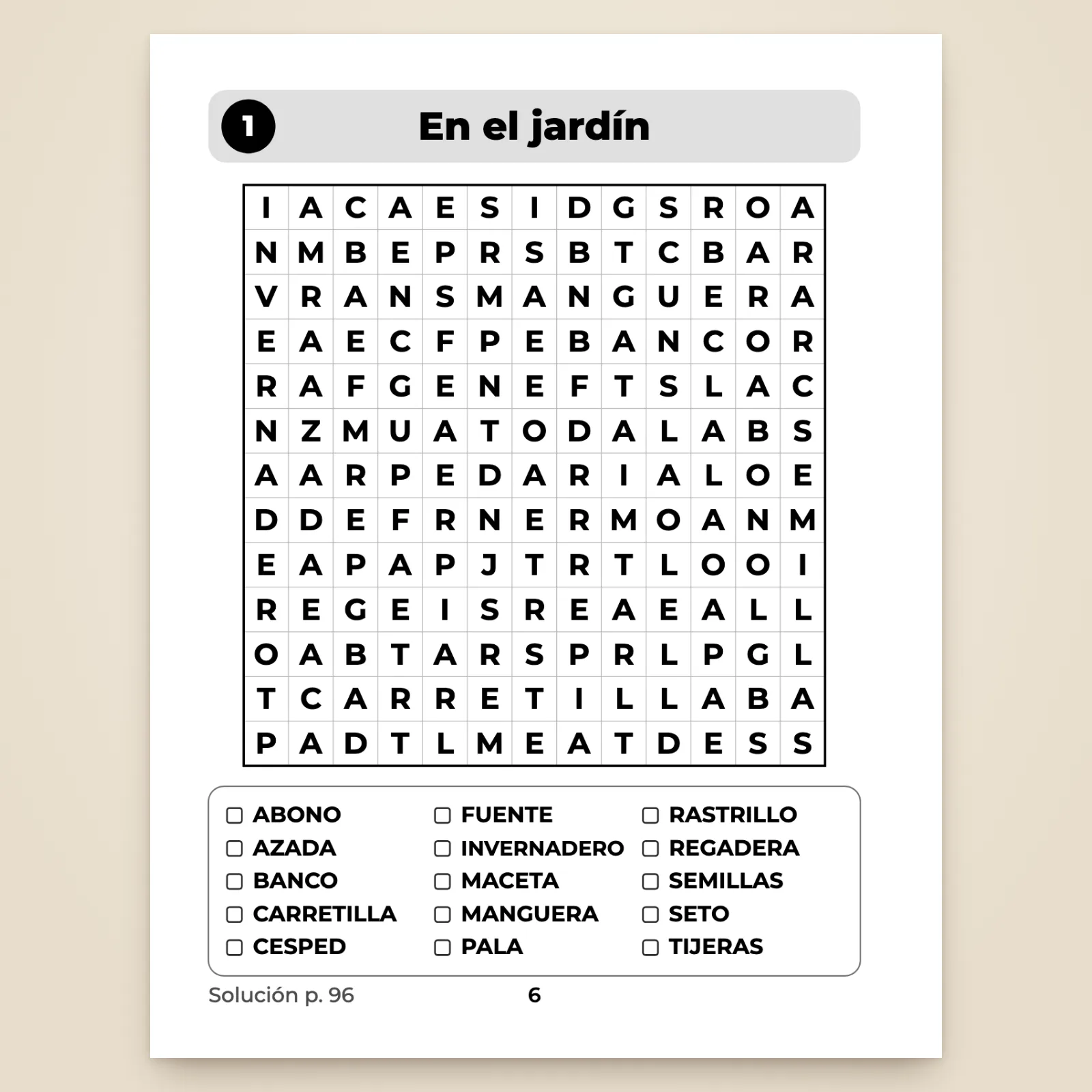 Página de la sopa de letras 1 «En el jardín»: cuadrícula de 13 × 13 letras grandes en negrita y lista de 15 palabras para marcar (abono, azada, banco, carretilla…)
