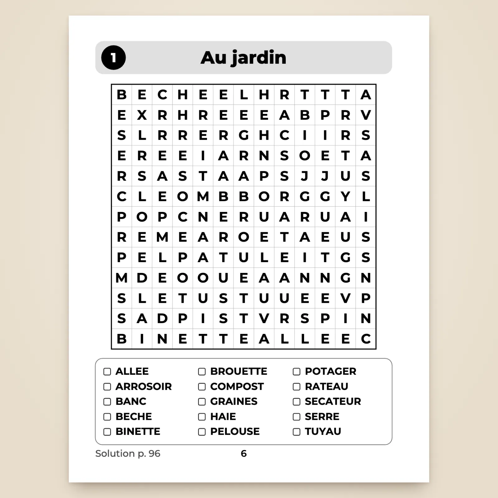 Page de la grille 1 « Au jardin » : grille de 13 × 13 grandes lettres en gras et liste de 15 mots à cocher (allée, arrosoir, banc, bêche…)