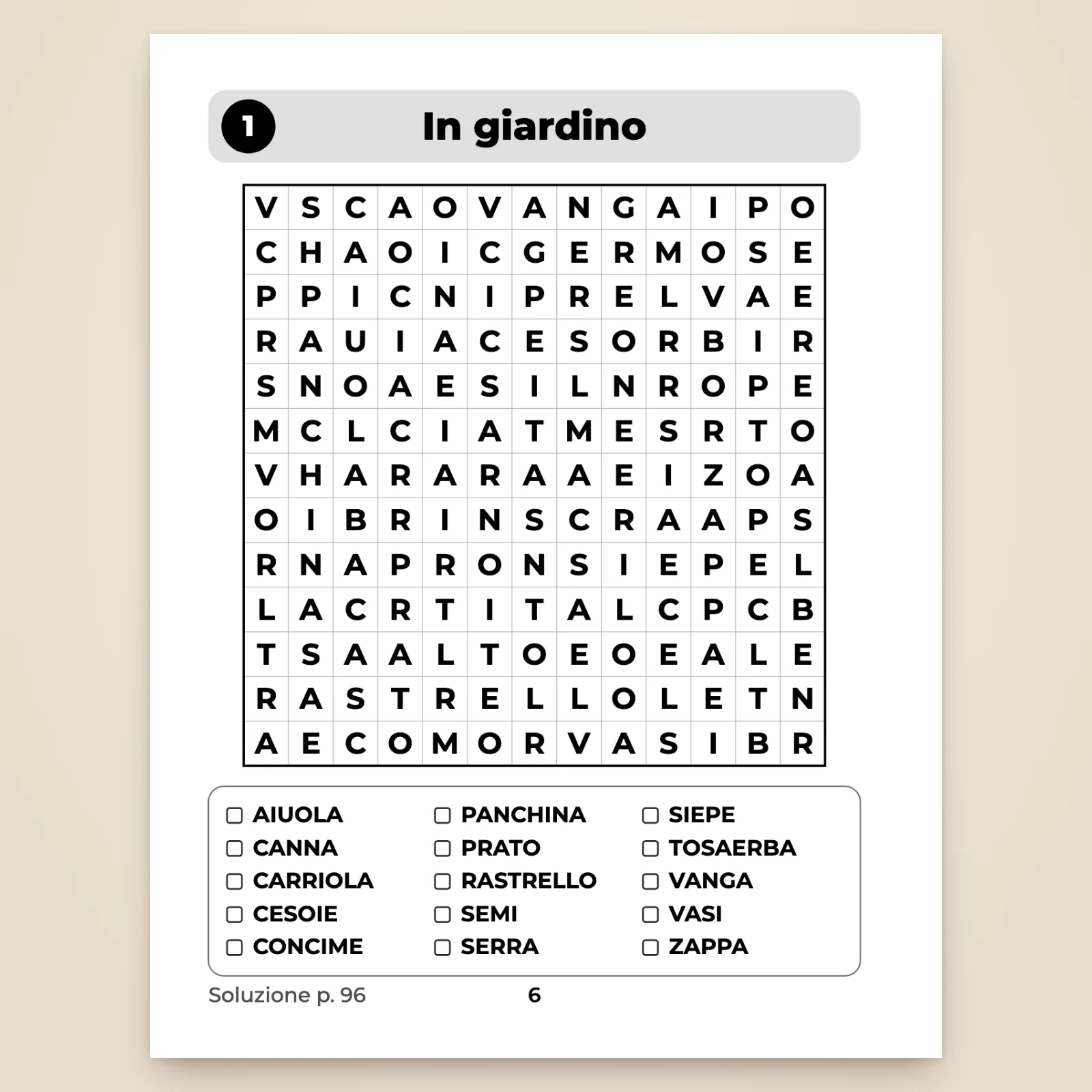Pagina dello schema 1 «In giardino»: griglia di 13 × 13 lettere grandi in grassetto e lista di 15 parole da spuntare (aiuola, canna, carriola, cesoie…)