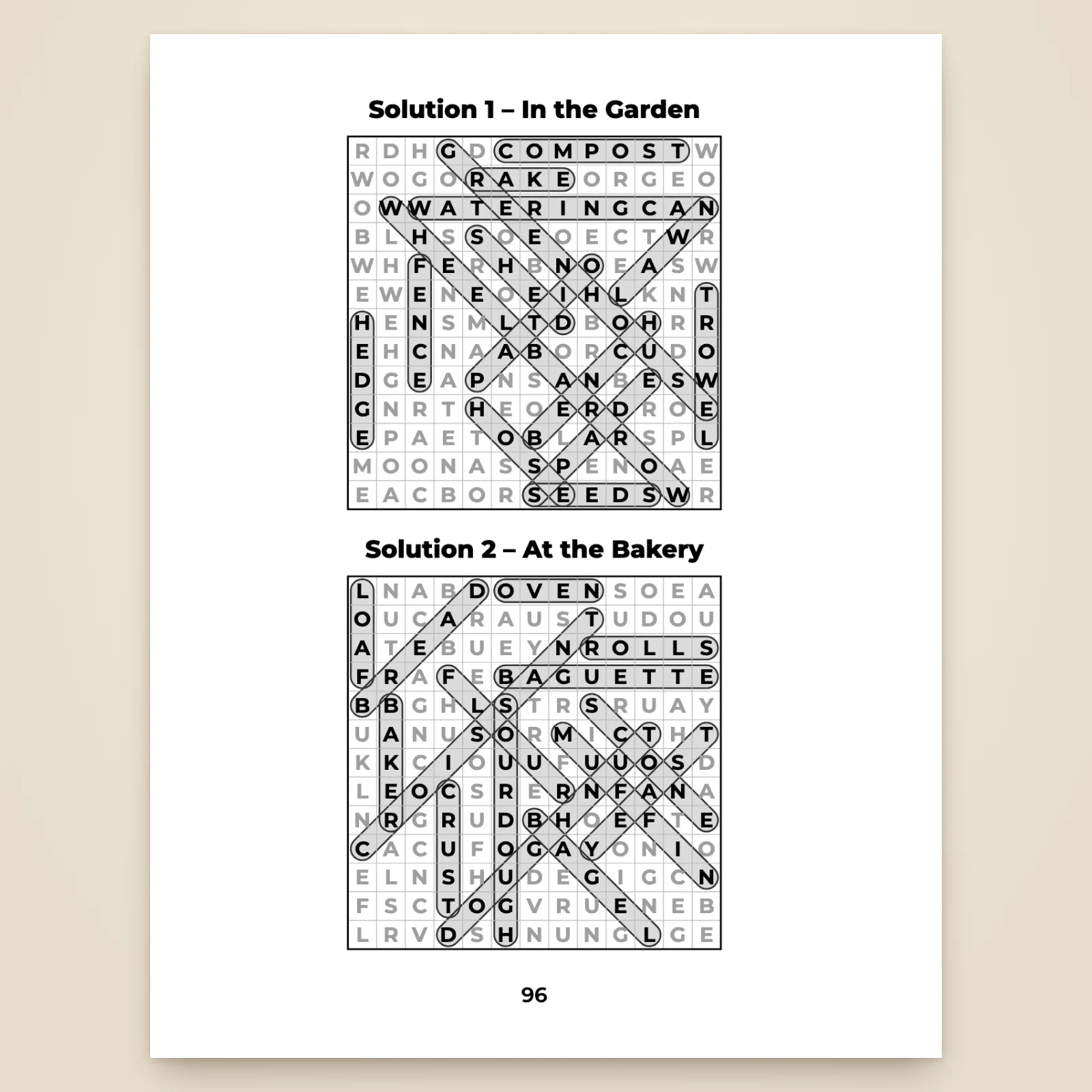 Solutions page: puzzles 1 “In the Garden” and 2 “At the Bakery”, with every word circled