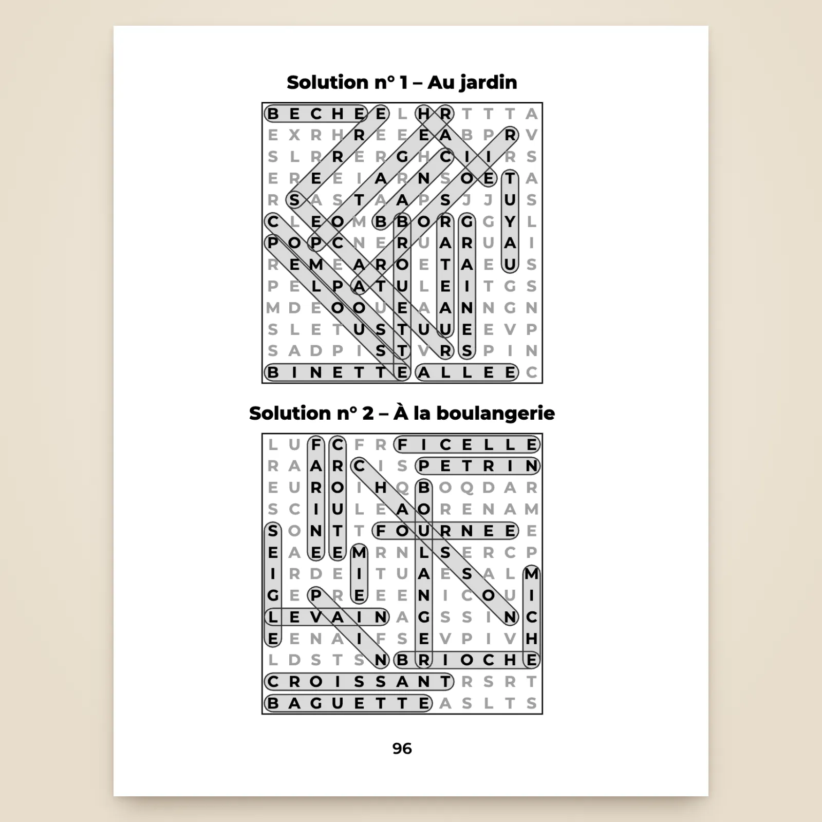 Page de solutions : les grilles 1 « Au jardin » et 2 « À la boulangerie », avec tous les mots entourés