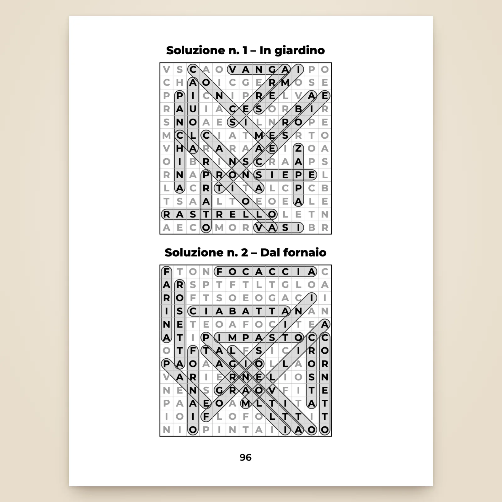 Pagina delle soluzioni: schemi 1 «In giardino» e 2 «Dal fornaio», con tutte le parole cerchiate