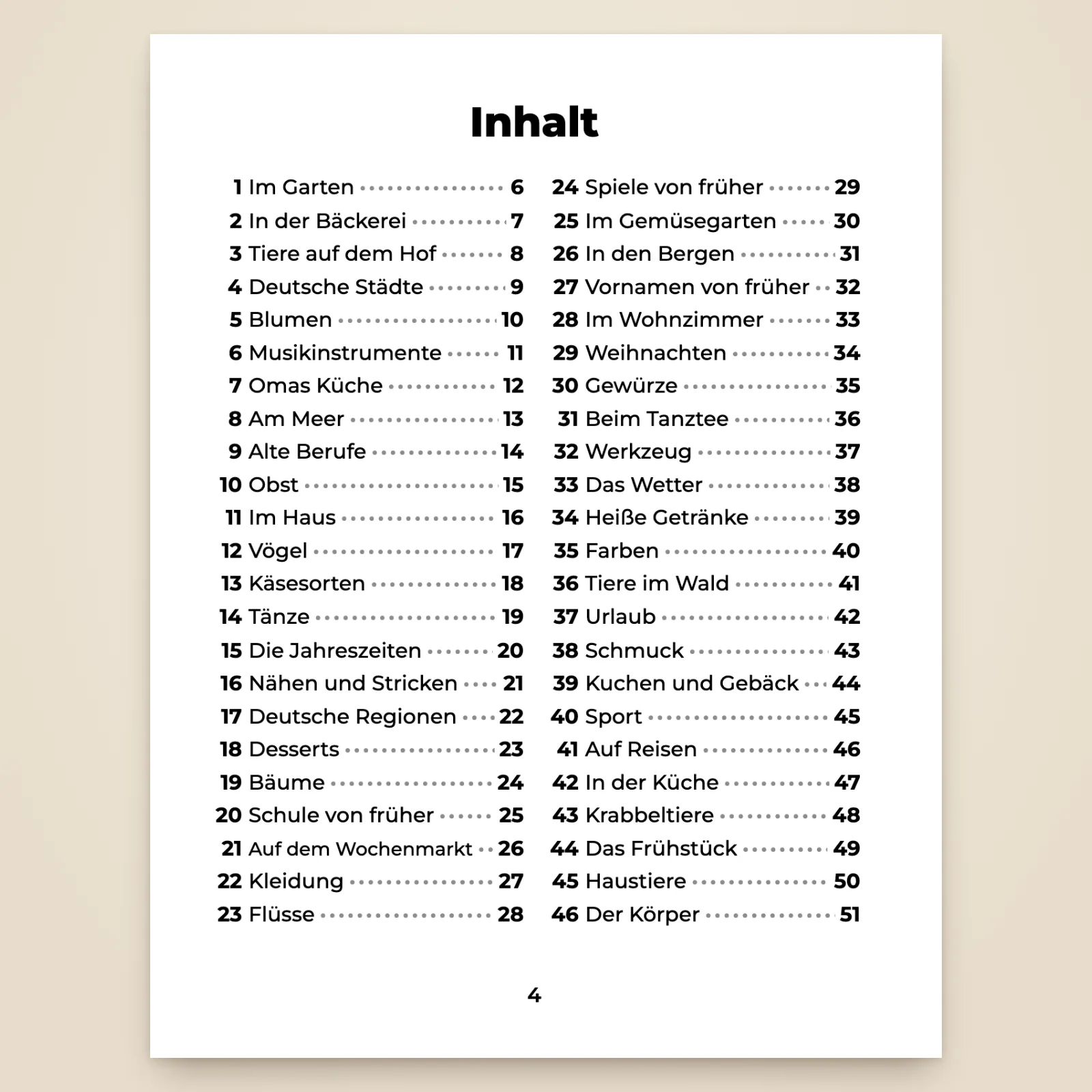 Erste Inhaltsseite: Themen 1 bis 46, von „Im Garten“ bis „Der Körper“, mit der Seitenzahl jedes Rätsels