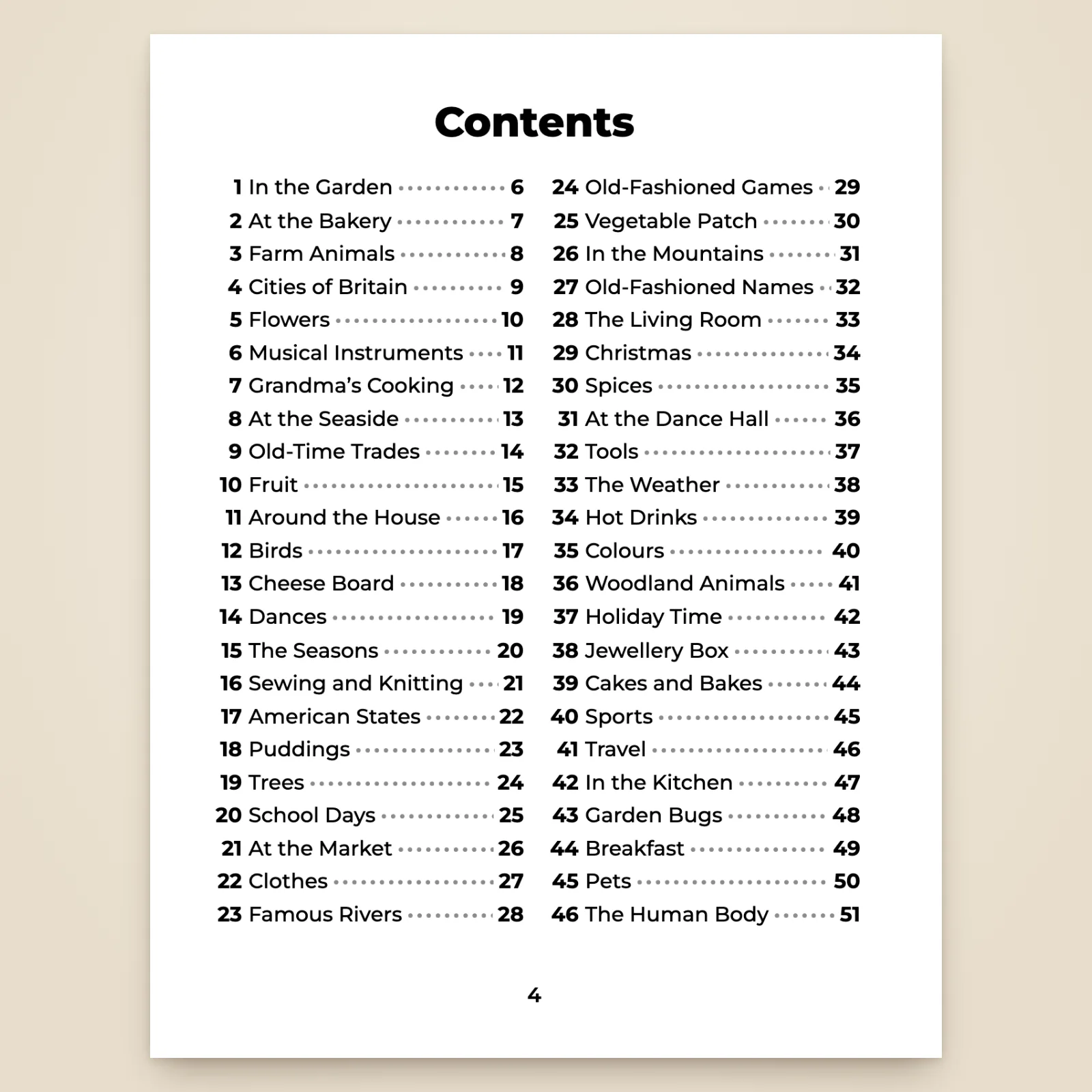 First contents page: themes 1 to 46, from “In the Garden” to “The Human Body”, with the page number of each puzzle