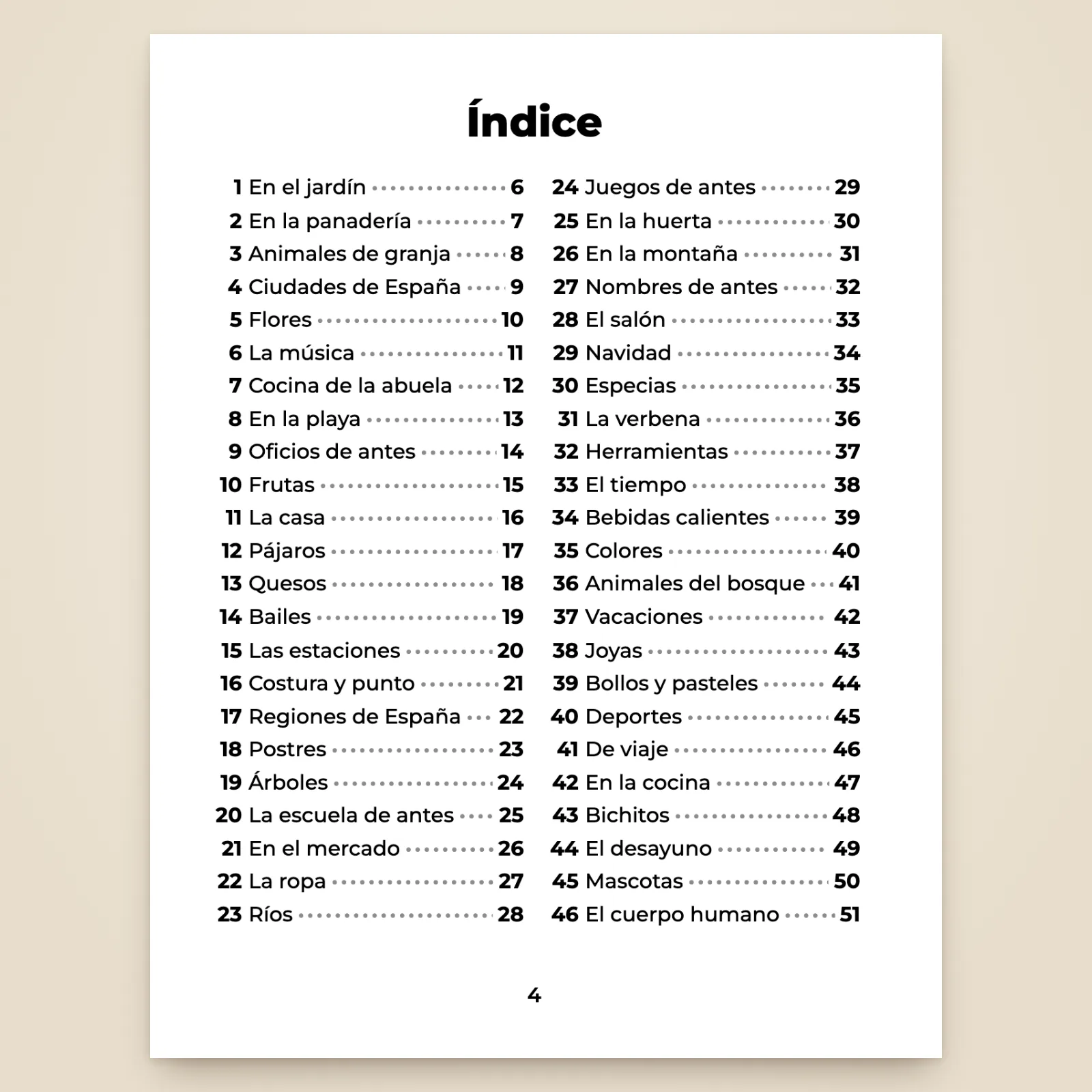 Primera página del índice: temas 1 a 46, de «En el jardín» a «El cuerpo humano», con el número de página de cada sopa de letras