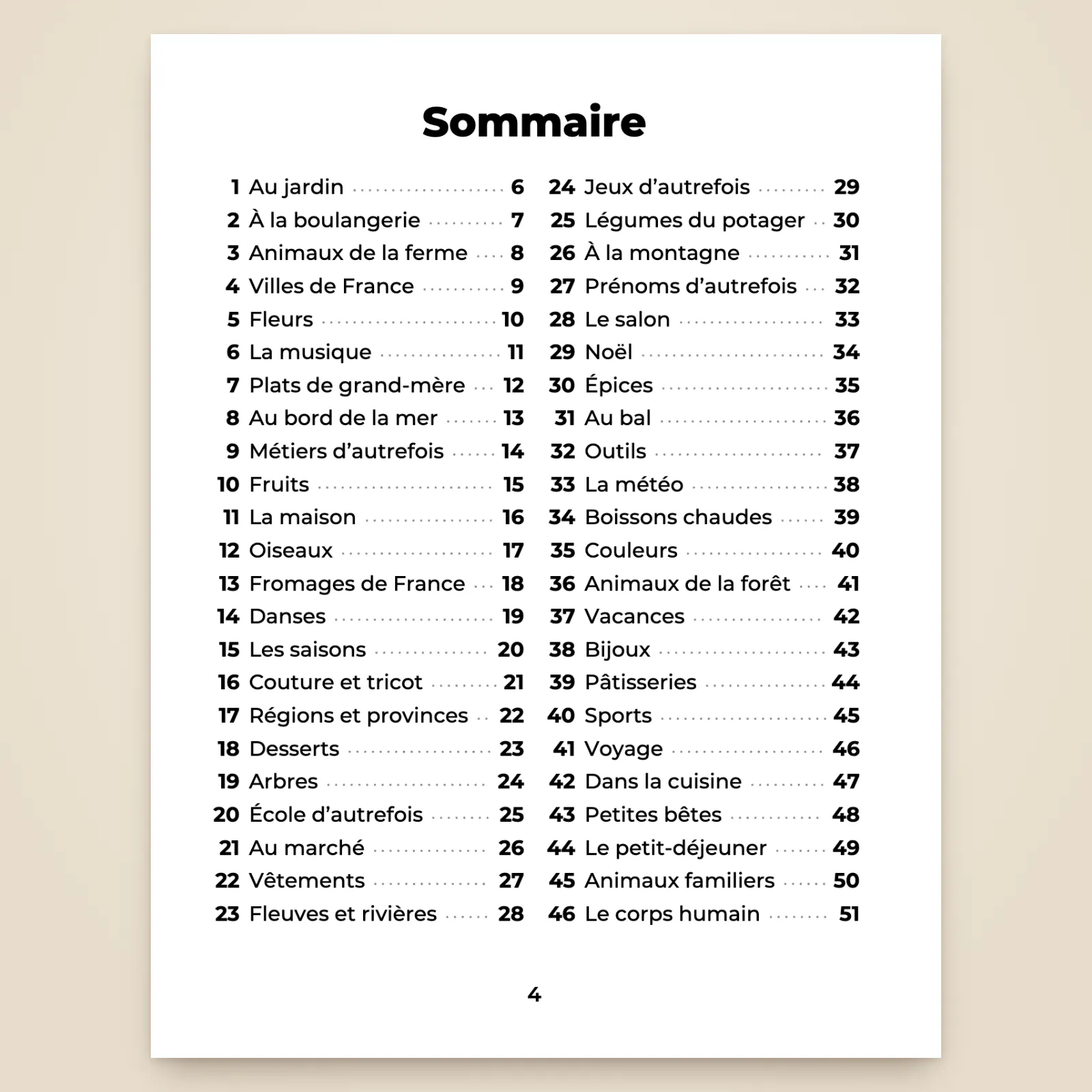 Première page du sommaire : les thèmes 1 à 46, d'« Au jardin » au « Corps humain », avec le numéro de page de chaque grille