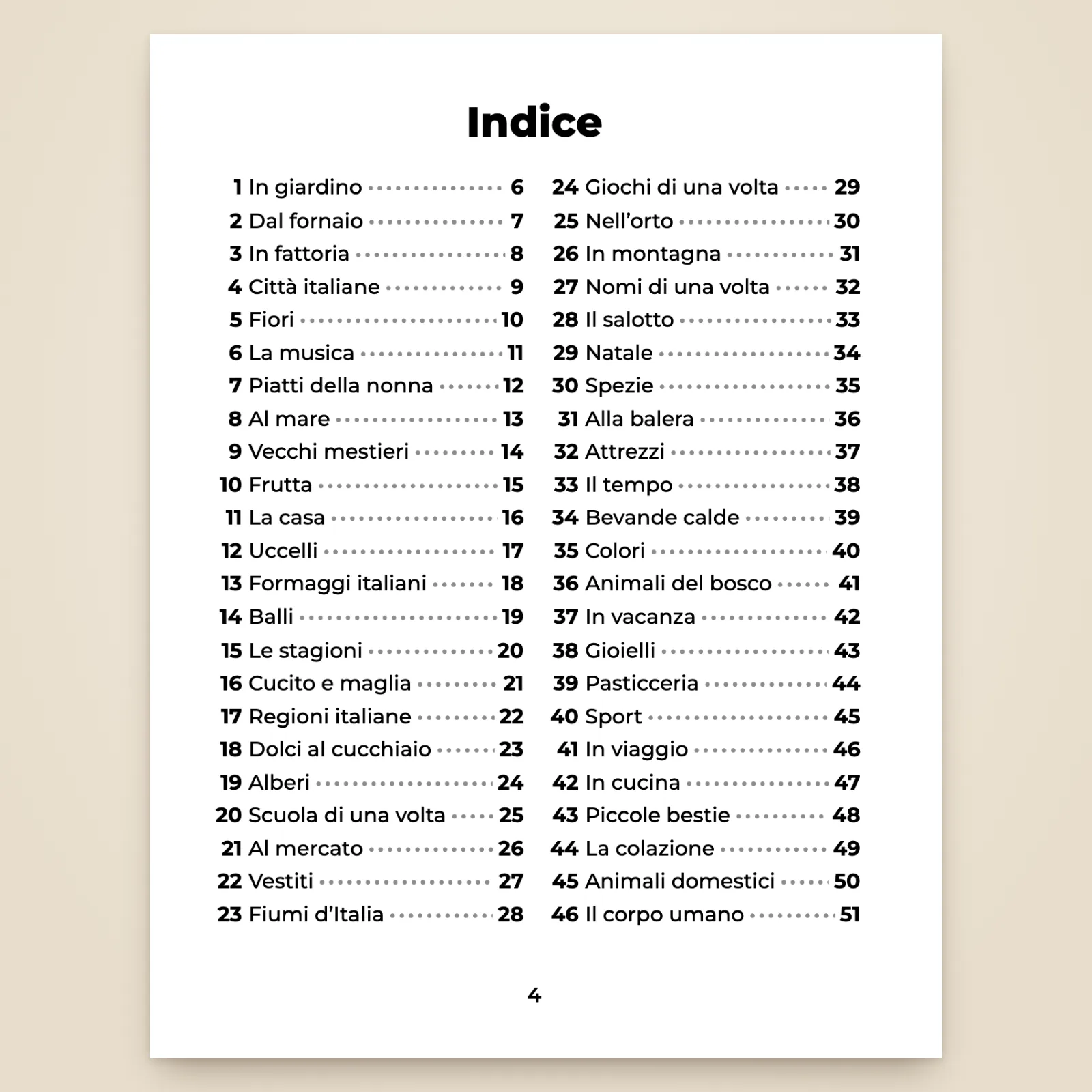 Prima pagina dell’indice: temi da 1 a 46, da «In giardino» a «Il corpo umano», con il numero di pagina di ogni schema