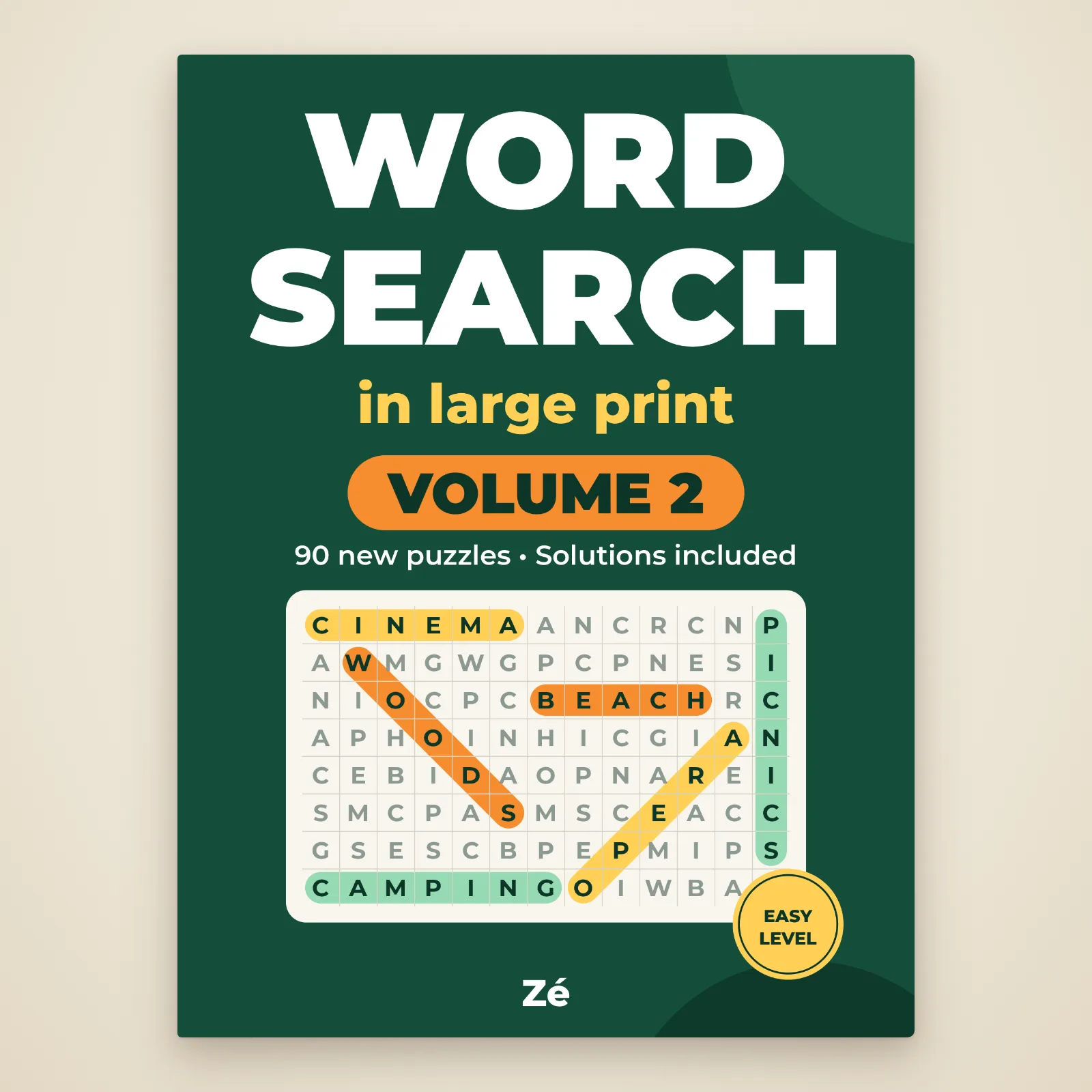 Cover of the book “Large Print Word Search – Volume 2” by Zé: 90 new puzzles, solutions included, easy level