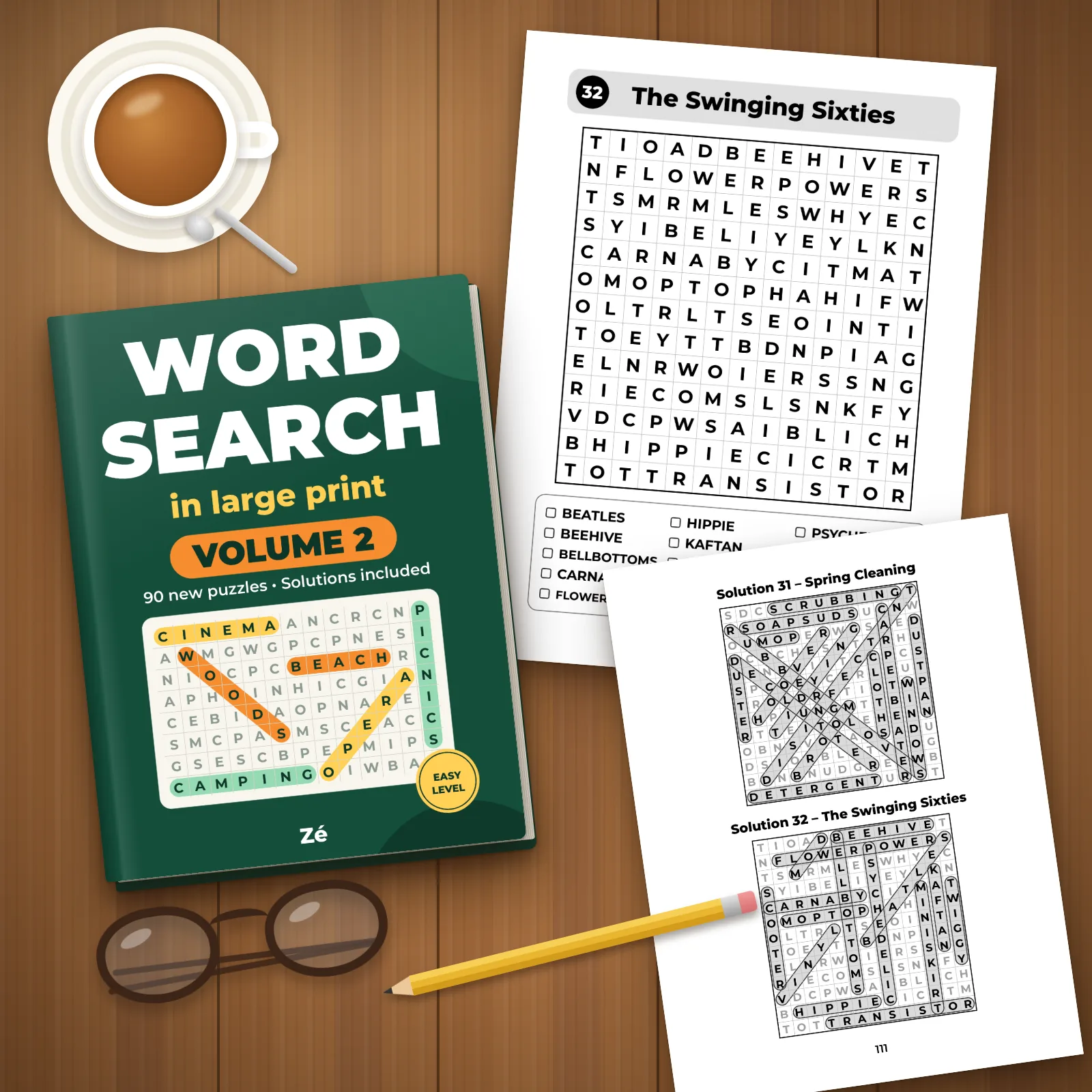 The book on a wooden table with two printed pages (puzzle 32 “The Swinging Sixties” and its solutions page), a cup of tea, reading glasses and a pencil