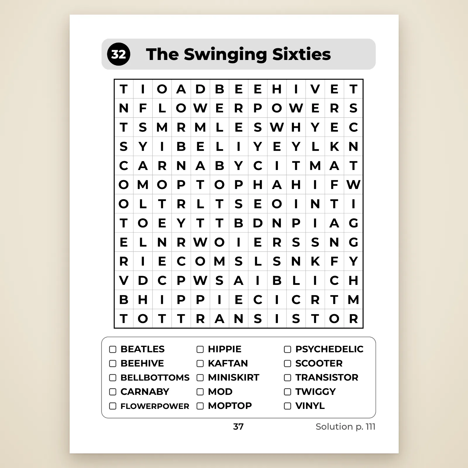 Page of puzzle 32 “The Swinging Sixties”: a 13 × 13 grid in large letters and a list of 15 words to tick off (Beatles, beehive, miniskirt, scooter…)