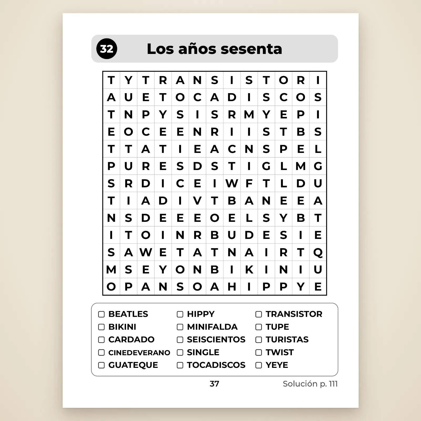Página de la sopa de letras 32 «Los años sesenta»: cuadrícula de 13 × 13 letras grandes y lista de 15 palabras para marcar (guateque, minifalda, seiscientos, tocadiscos…)