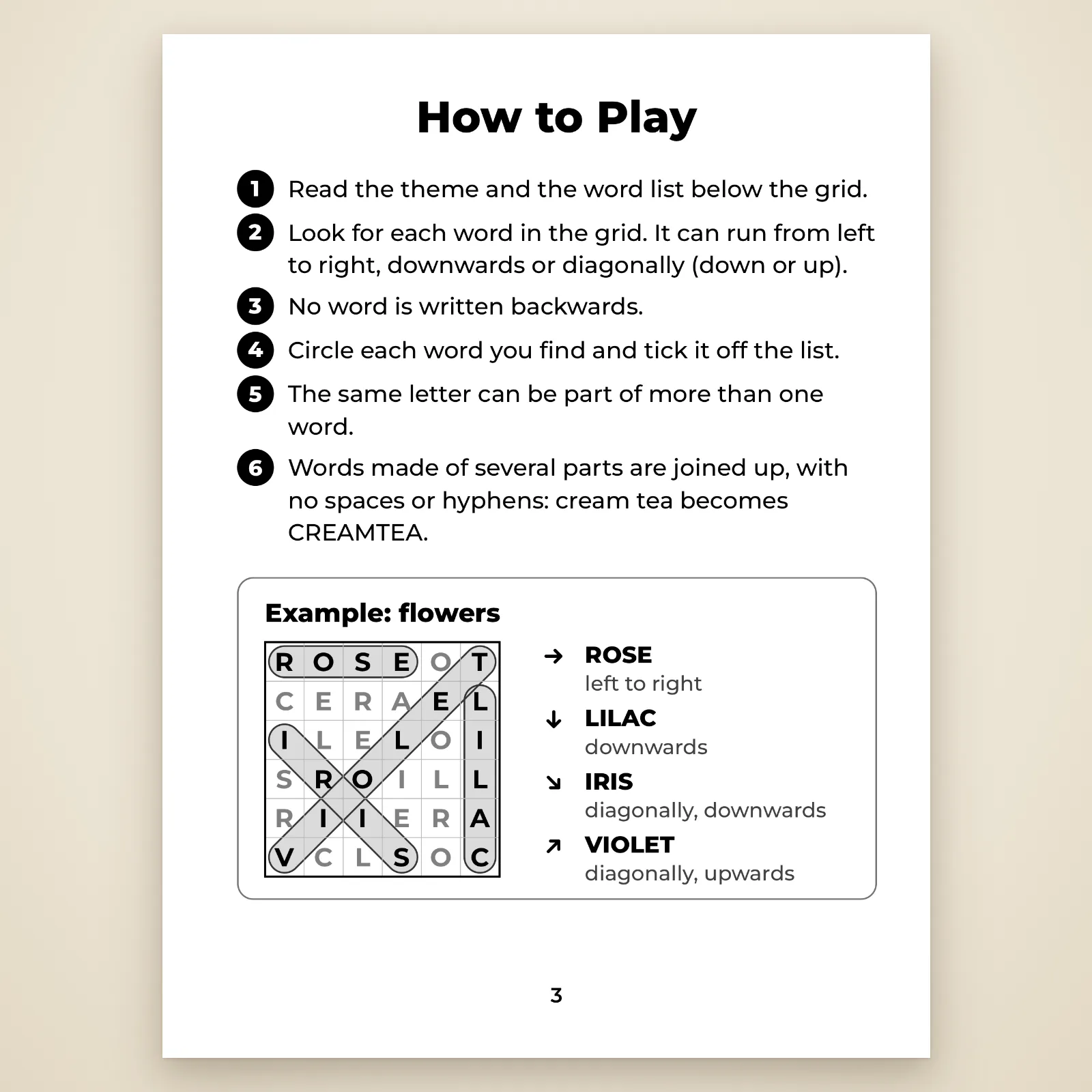 “How to Play” page: 6 simple rules and a flower-themed example (words run left to right, downwards or diagonally)