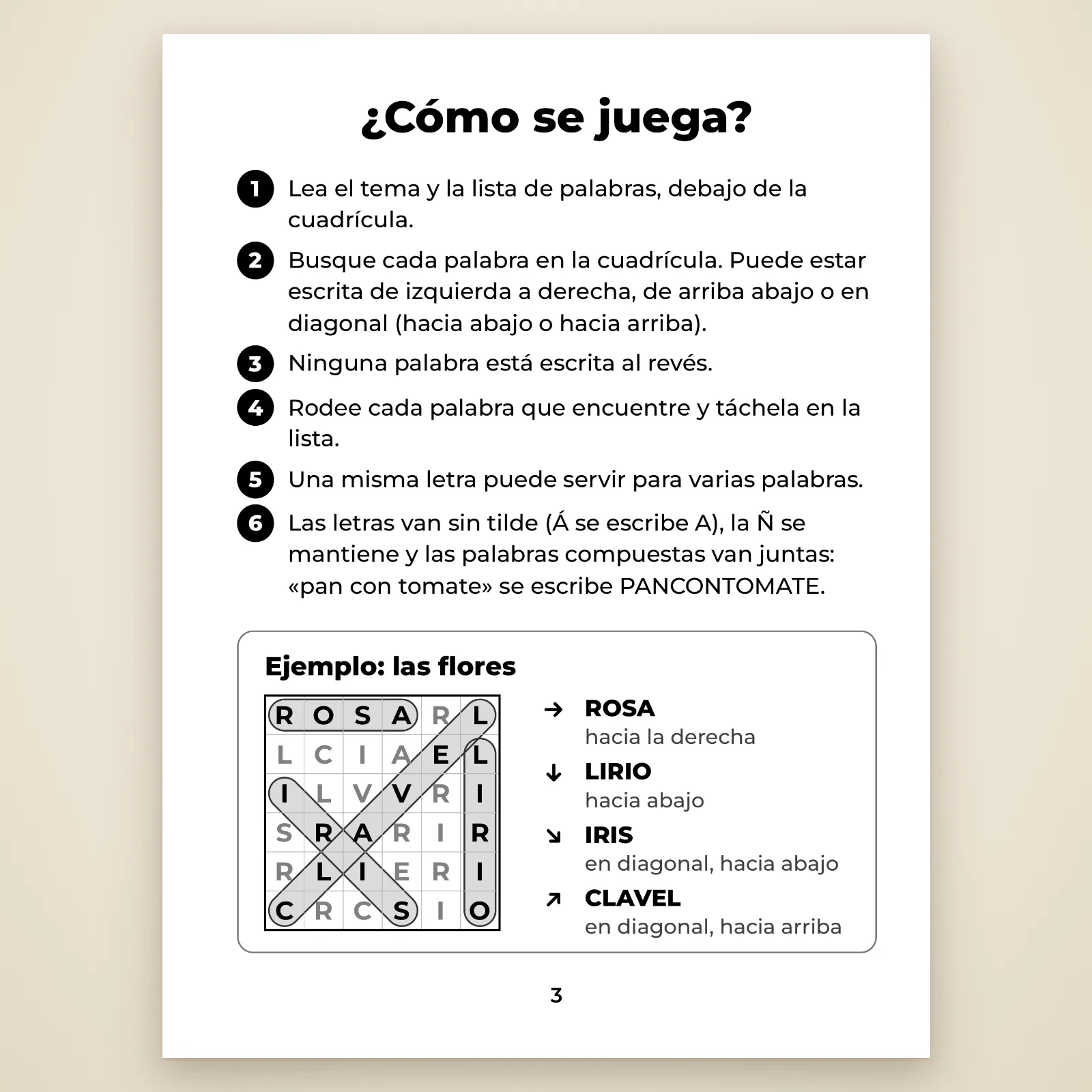 Página «¿Cómo se juega?»: 6 reglas sencillas y un ejemplo con flores (palabras hacia la derecha, hacia abajo o en diagonal)