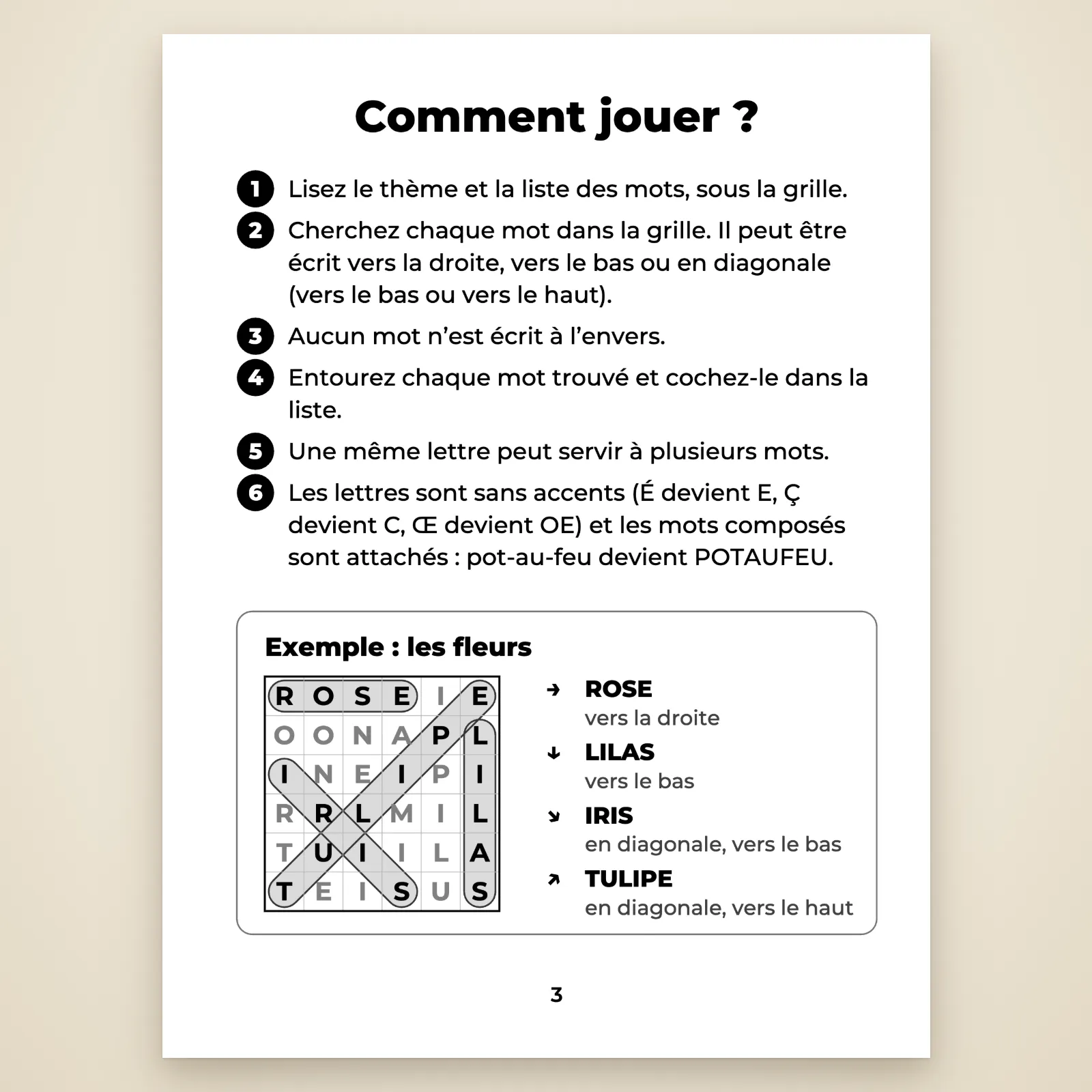 Page « Comment jouer ? » : 6 règles simples et un exemple sur le thème des fleurs (mots vers la droite, vers le bas ou en diagonale)