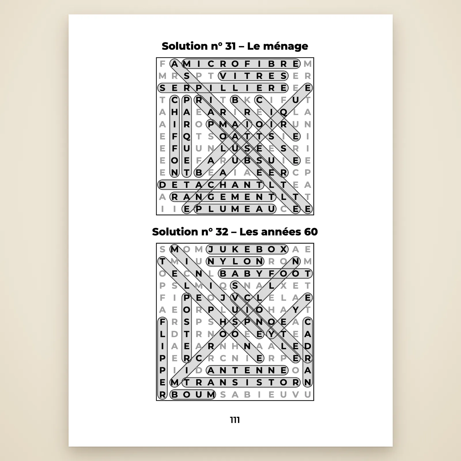 Page de solutions 111 : les grilles 31 « Le ménage » et 32 « Les années 60 » avec tous les mots entourés
