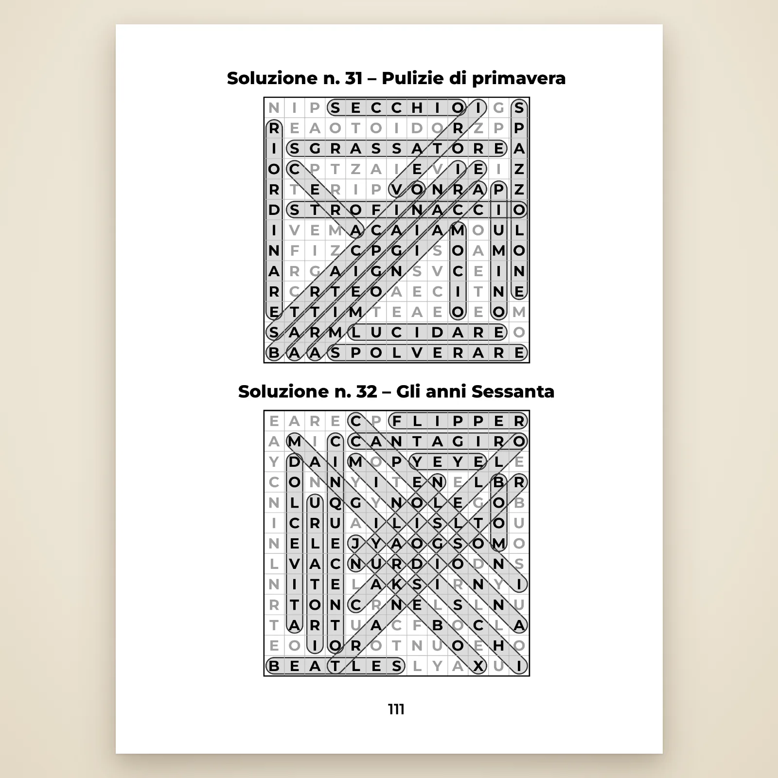 Pagina di soluzioni 111: gli schemi 31 «Pulizie di primavera» e 32 «Gli anni Sessanta» con tutte le parole cerchiate