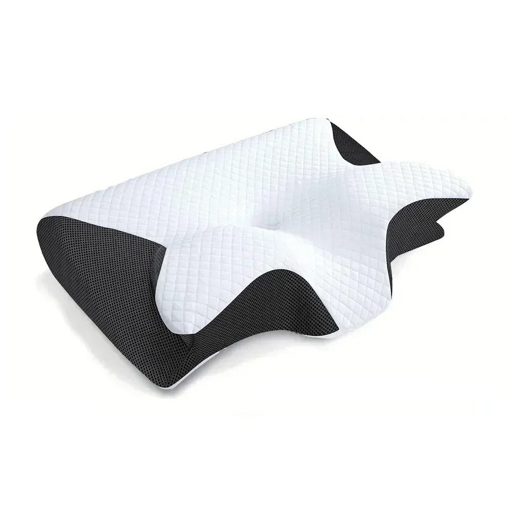 Oreiller ergonomique en forme de papillon à mémoire de forme, coloris blanc et gris, vu de trois quarts