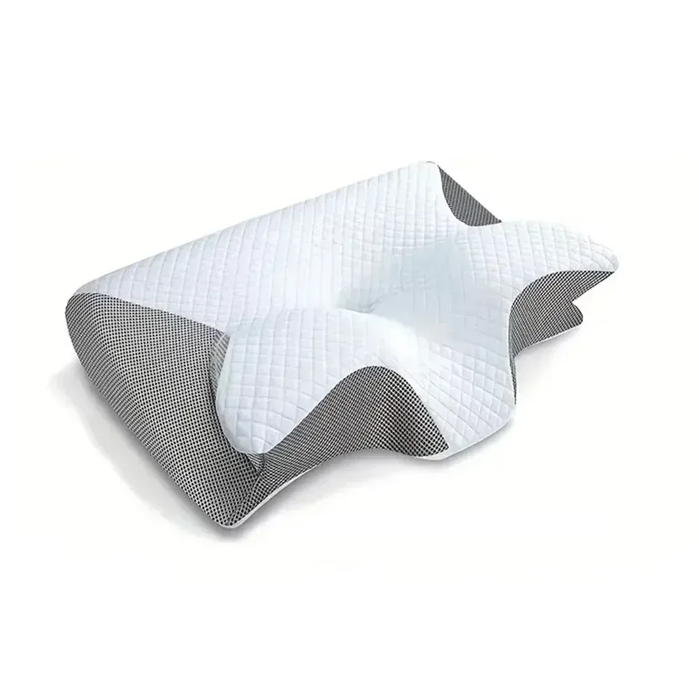 Oreiller papillon en mousse à mémoire de forme, housse blanche et côté en maille grise