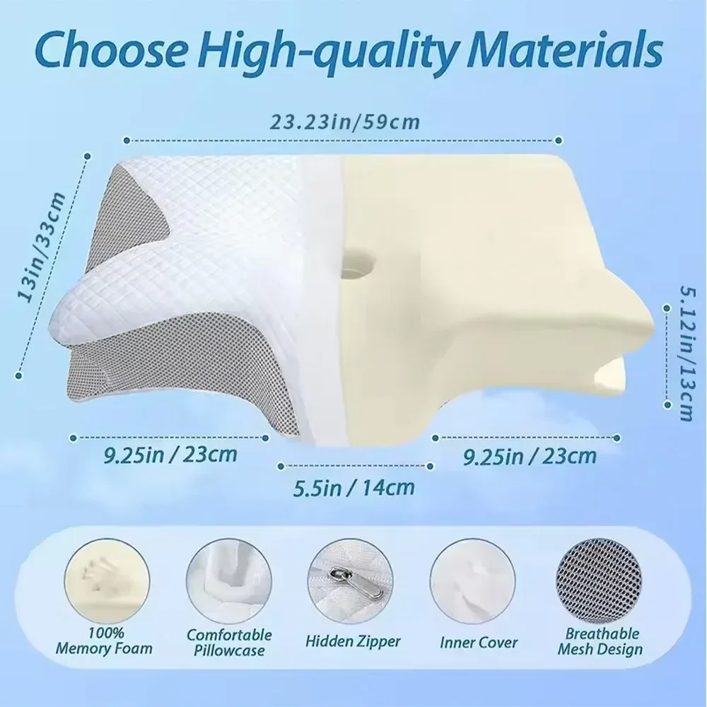 Dimensions de l'oreiller : environ 59 x 33 cm, hauteur environ 13 cm, et détail de la housse à fermeture éclair