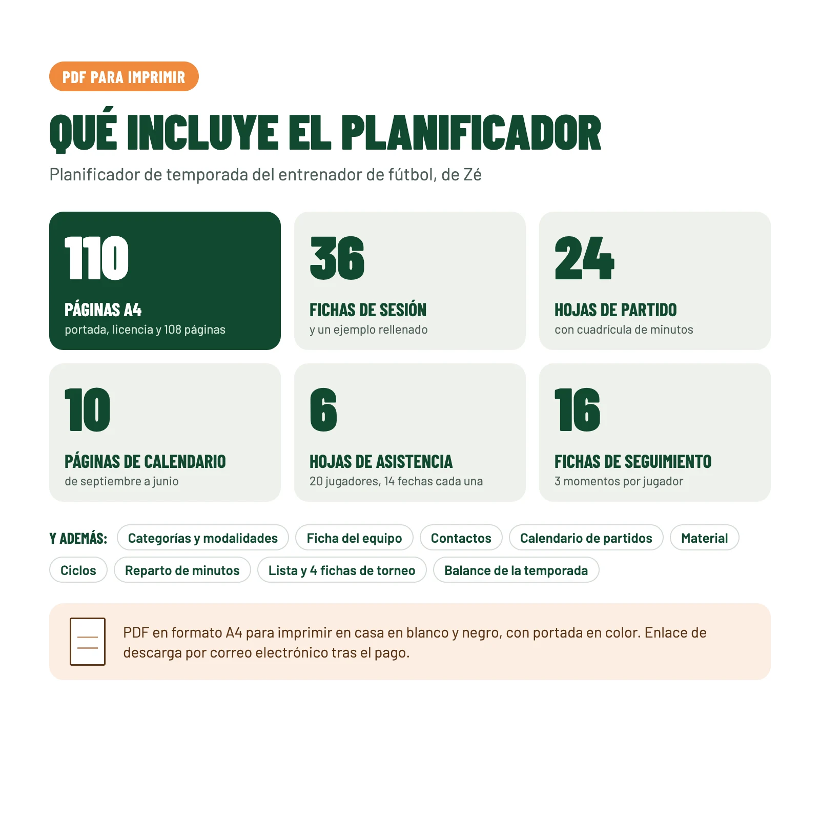 Contenido del PDF: 110 páginas A4, 36 fichas de sesión, 24 hojas de partido, 10 páginas de calendario, 6 hojas de asistencia y 16 fichas de seguimiento