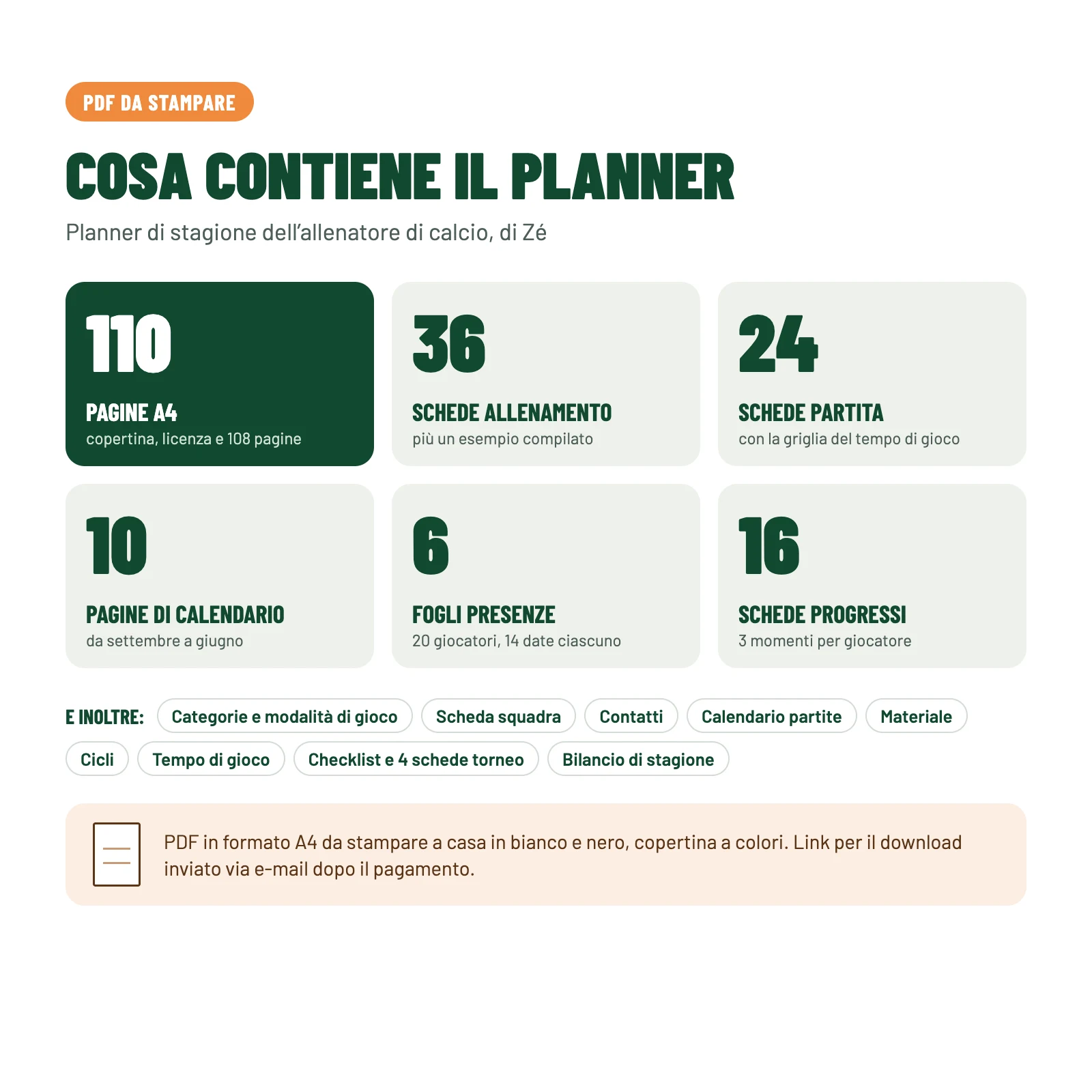 Contenuto del PDF: 110 pagine A4, 36 schede allenamento, 24 schede partita, 10 pagine di calendario, 6 fogli presenze e 16 schede progressi