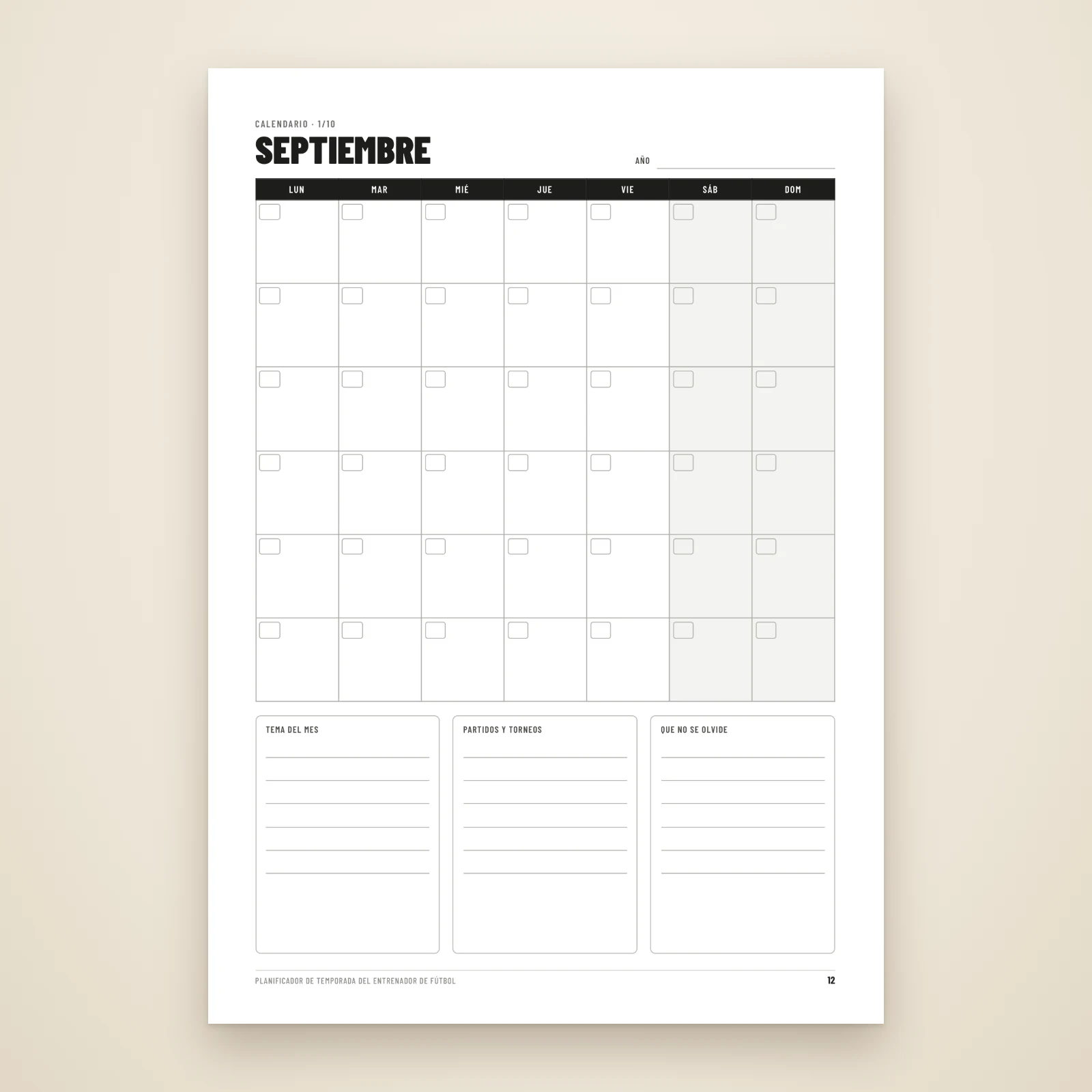 Página de calendario de septiembre: cuadrícula de seis semanas para poner las fechas y recuadros para el tema del mes, partidos y torneos y lo que no se debe olvidar
