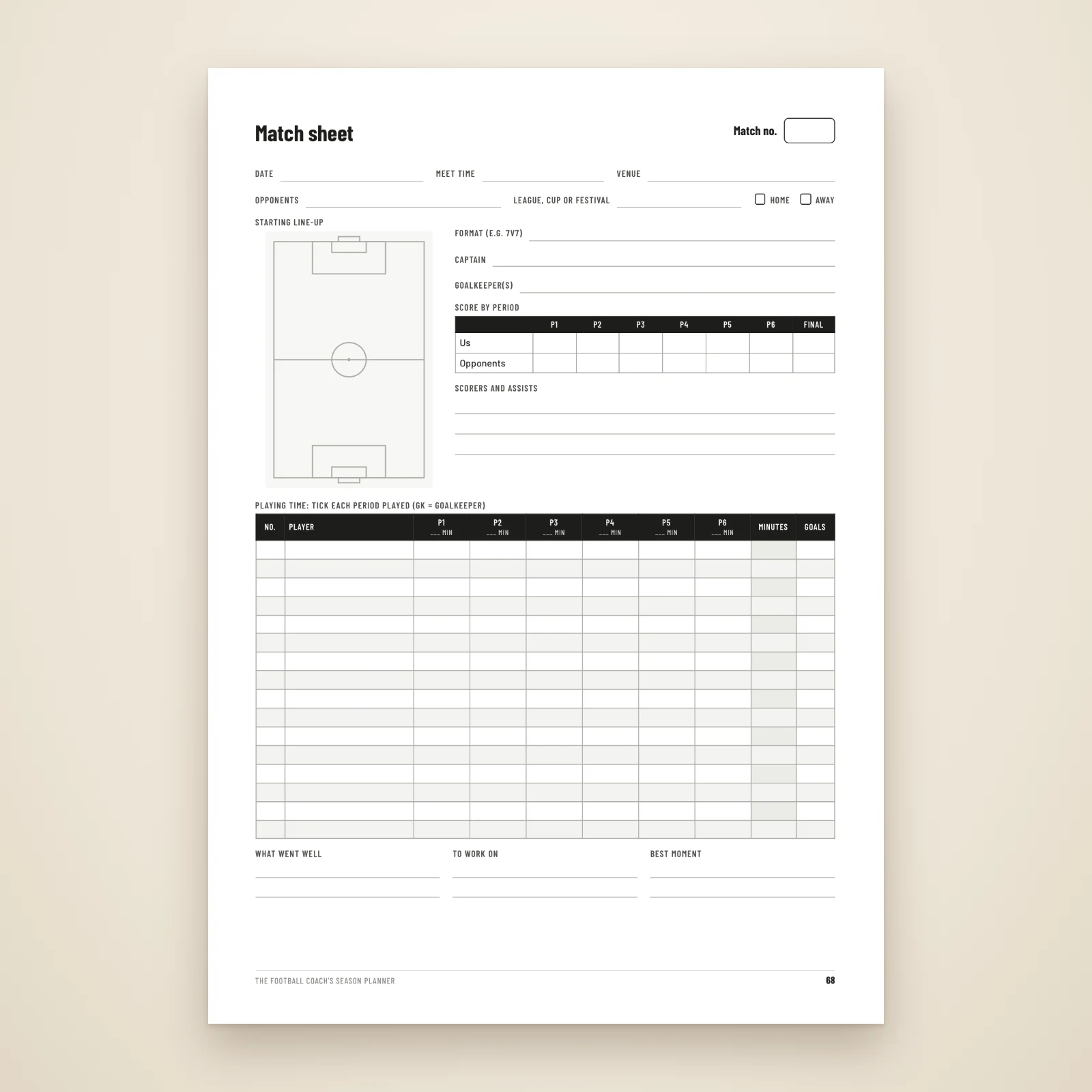 Blank match sheet: date, opponents, a pitch for the starting line-up, score by period and a playing-time grid for 16 players